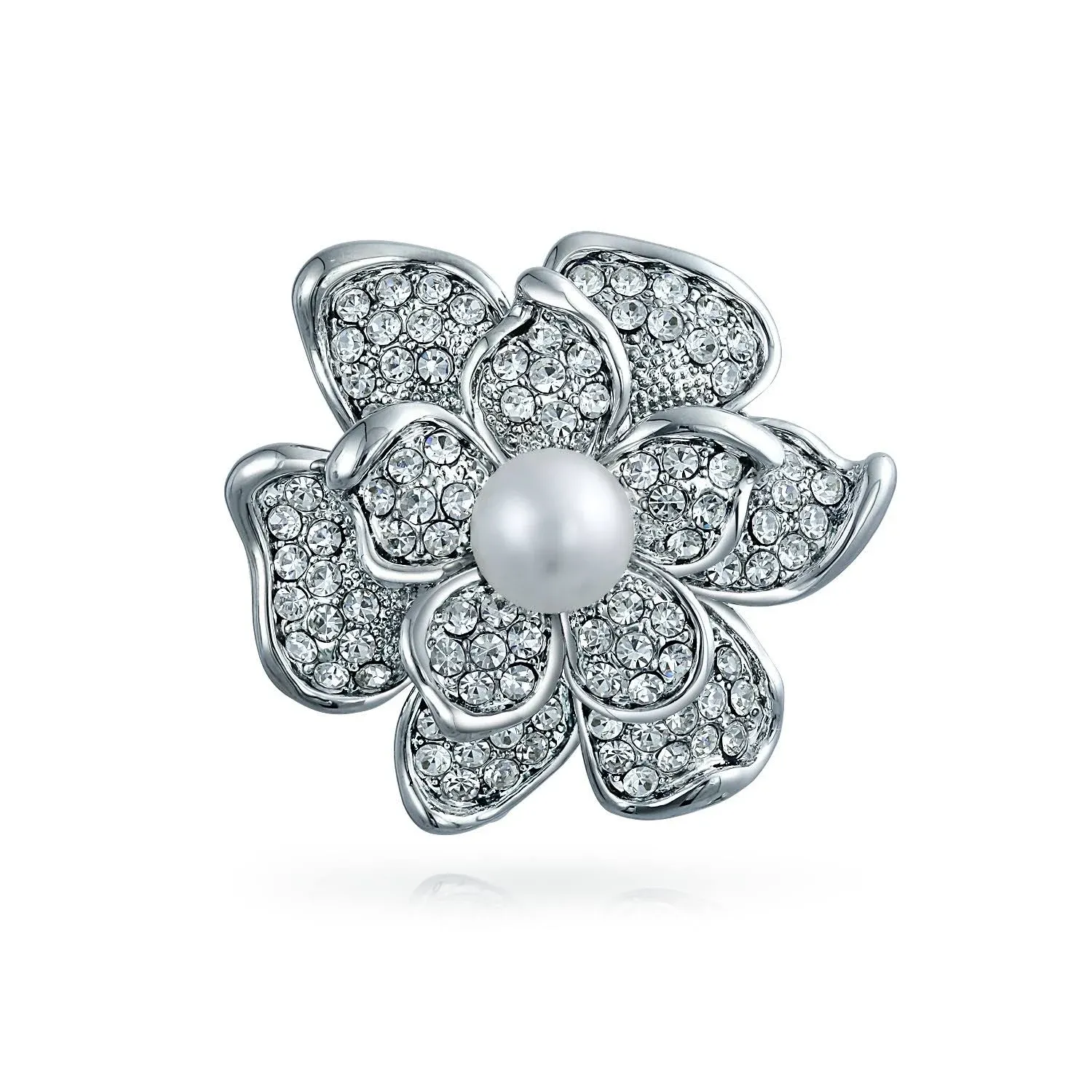 Bridal Rose Flower Brooch Pin Crystal Simulated Pearl Rhodium Plated Alloy