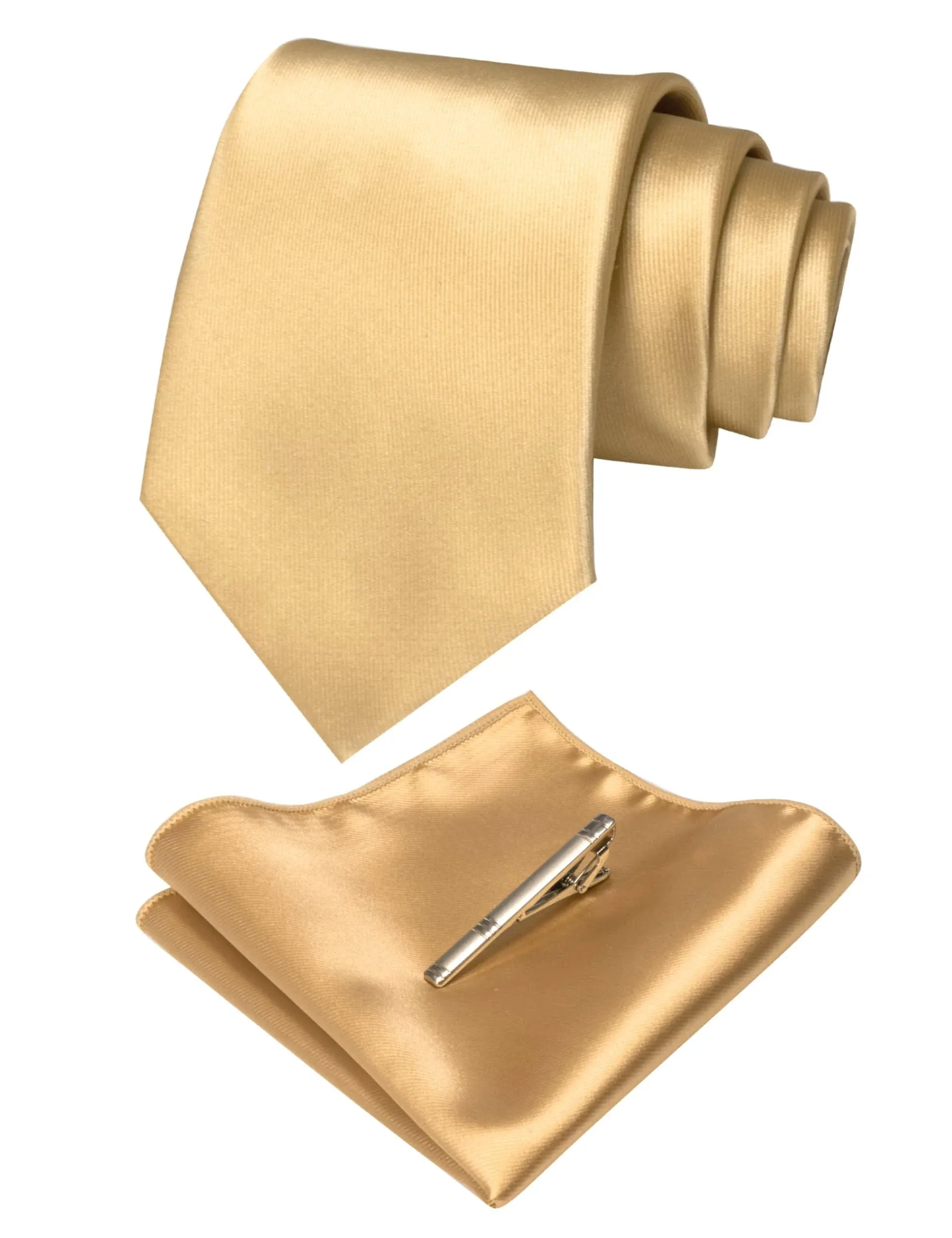 JEMYGINS Mens Formal Gold Necktie and Pocket Square Hankerchief and Tie Bar Clip ...