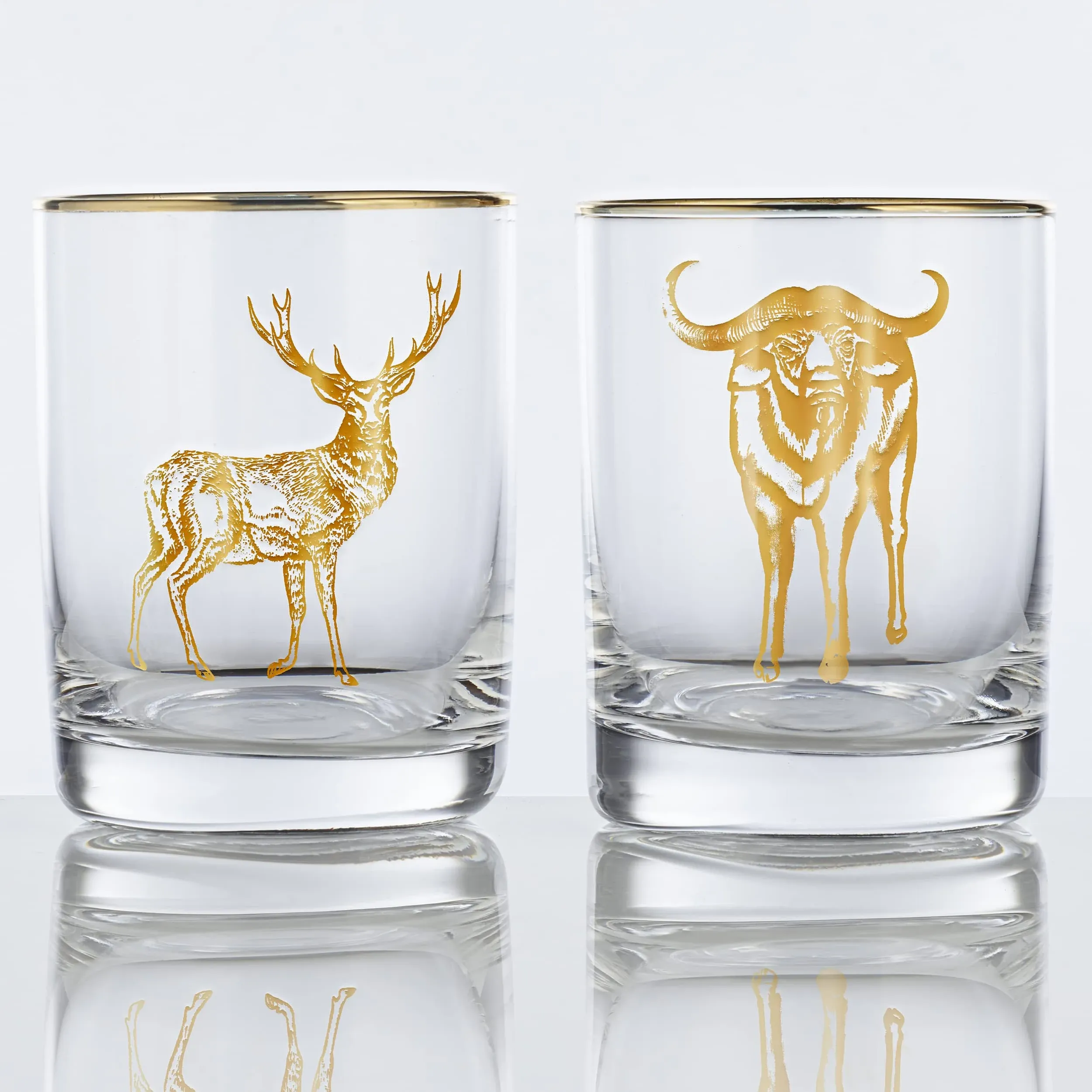 Burns Glass Drinking Glasses, Whiskey Glass Set, Gold Buffalo and Deer, Gold Rim ...