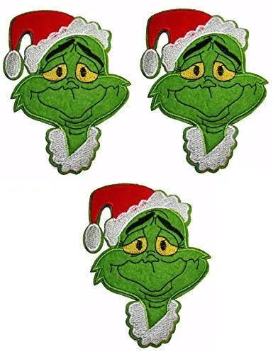 Dr Seus The Grinch W/Christmas Hat 6 inch Tall Iron on Set of 3 Patches, Size ...