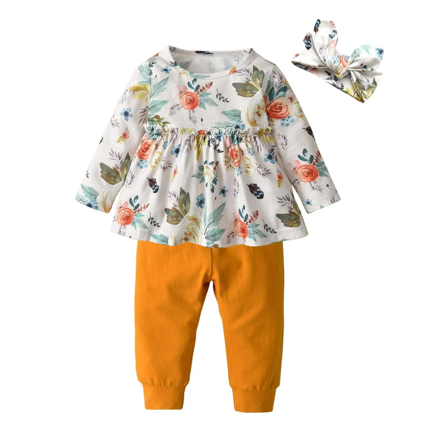 Rebey 3pcs Baby Girl Clothes Ruffle Floral Shirt Tops Pants Headband Outfit Sets