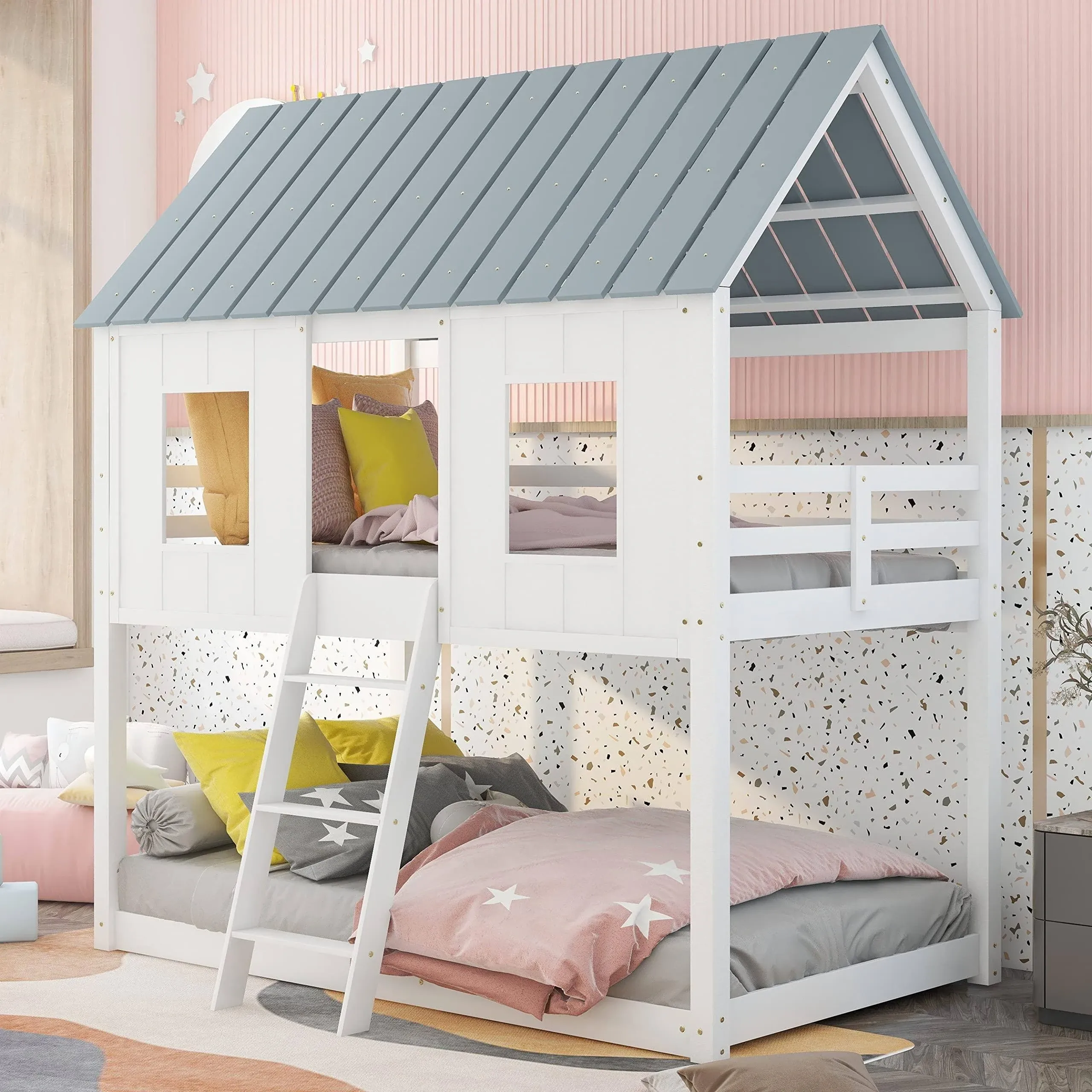 Bellemave Bunk Bed Twin Over Twin , House Bed for Kids with Roof and Windows,Wood ...