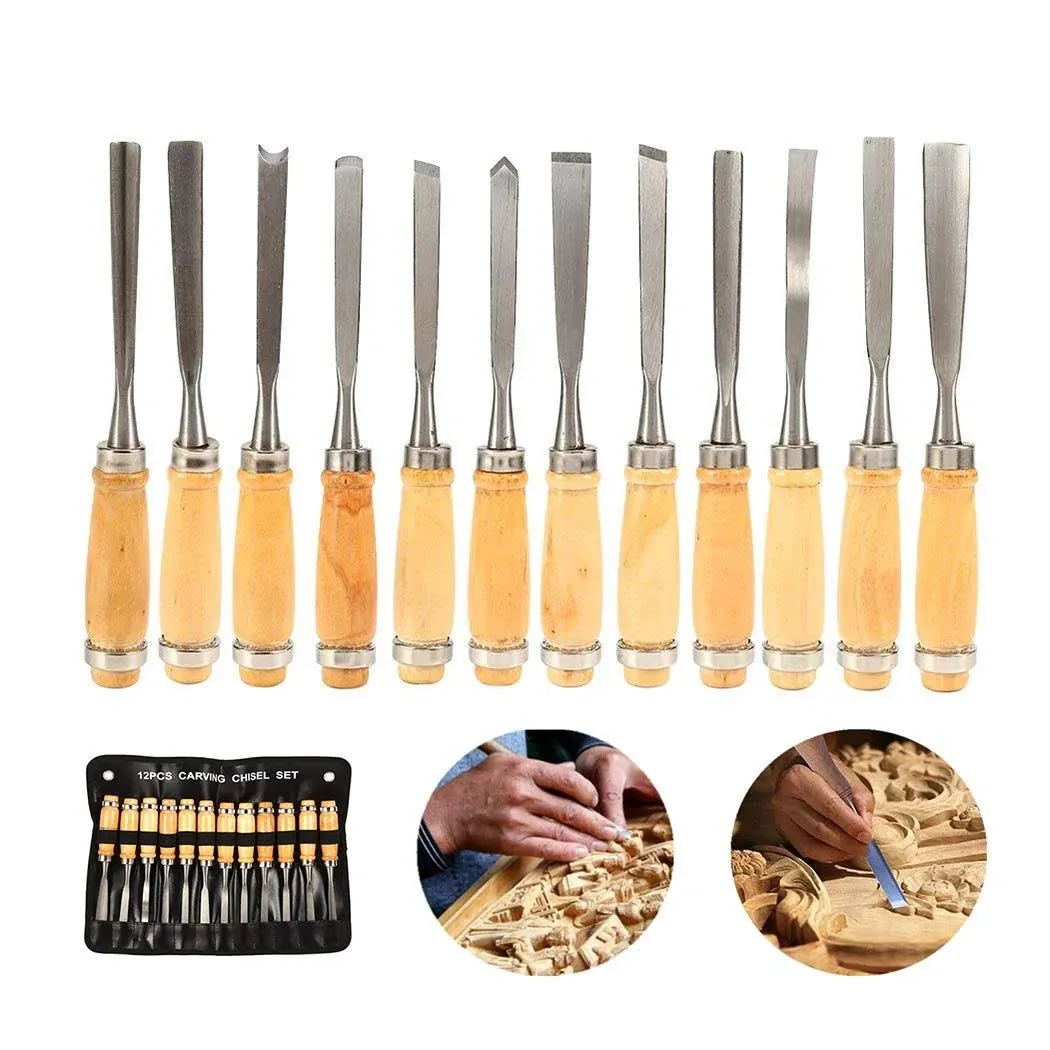 MYOYAY 12Pcs Wood Carving Tools Set Full Size Woodworking Chisels Wooden Knife Gouge Kits Carbon Steel Sculpting Chisel with Canvas Case for