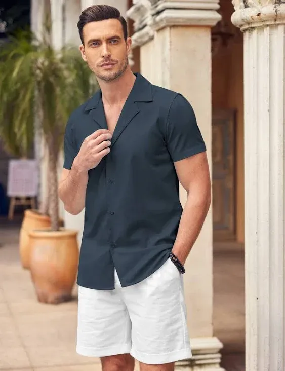 COOFANDY Mens Casual Linen Shirt Short Sleeve Button Down Shirt Summer Beach Shirt