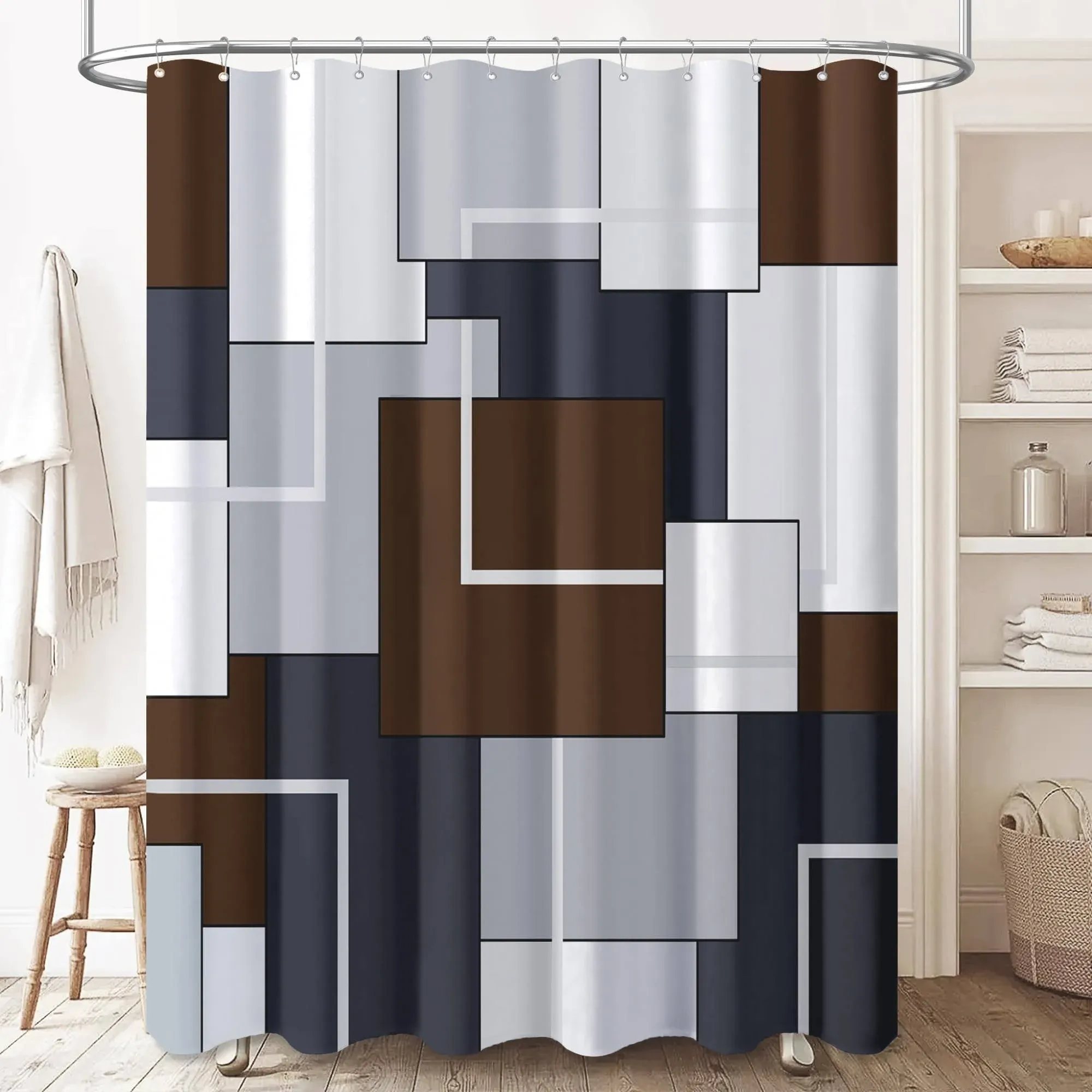 Bttn Brown Fabric Shower Curtain - Geometric Shower Curtain Set with 12 Plastic ...