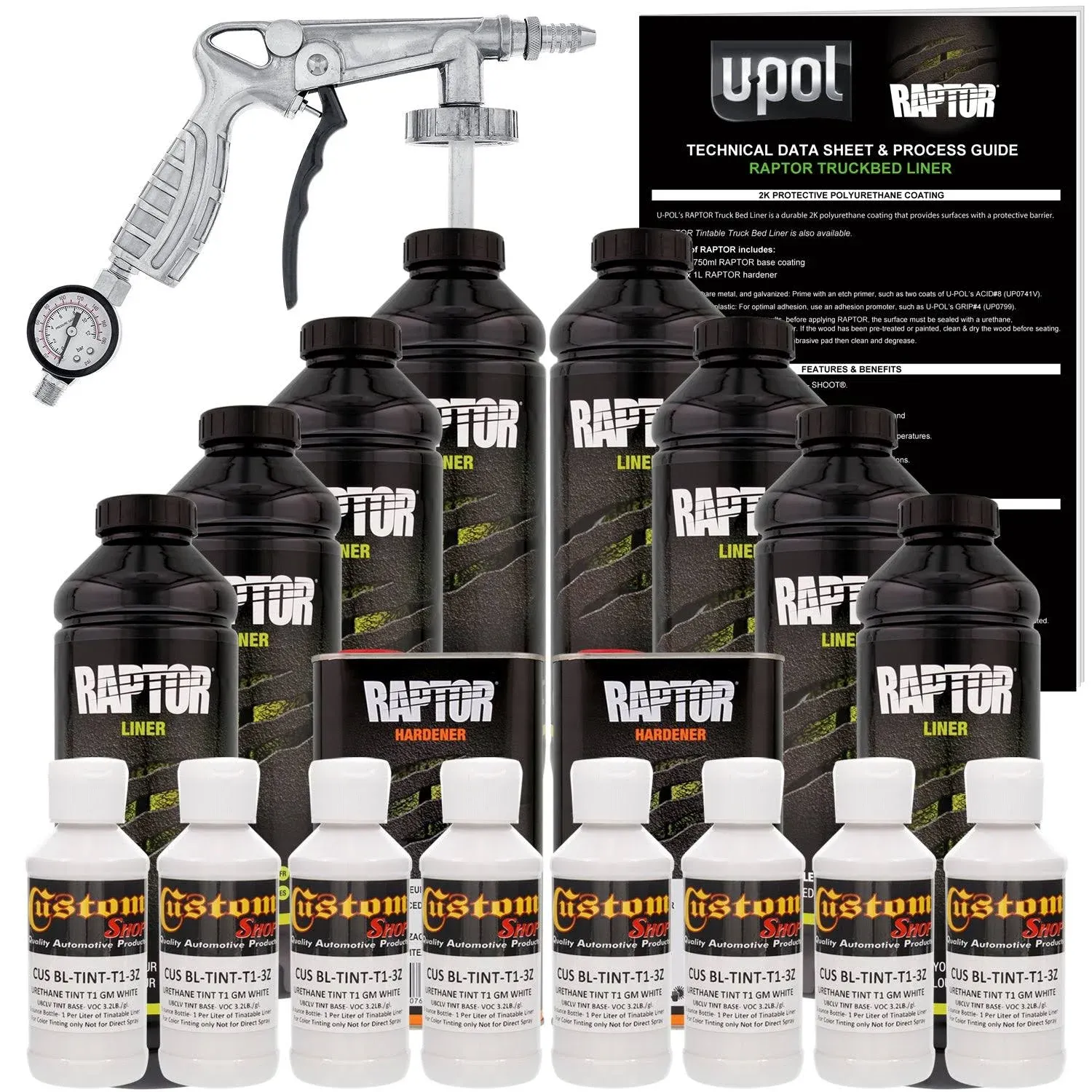 U-POL Raptor GM White Urethane Spray-On Truck Bed Liner Kit w/ Free Spray Gun, 8 ...