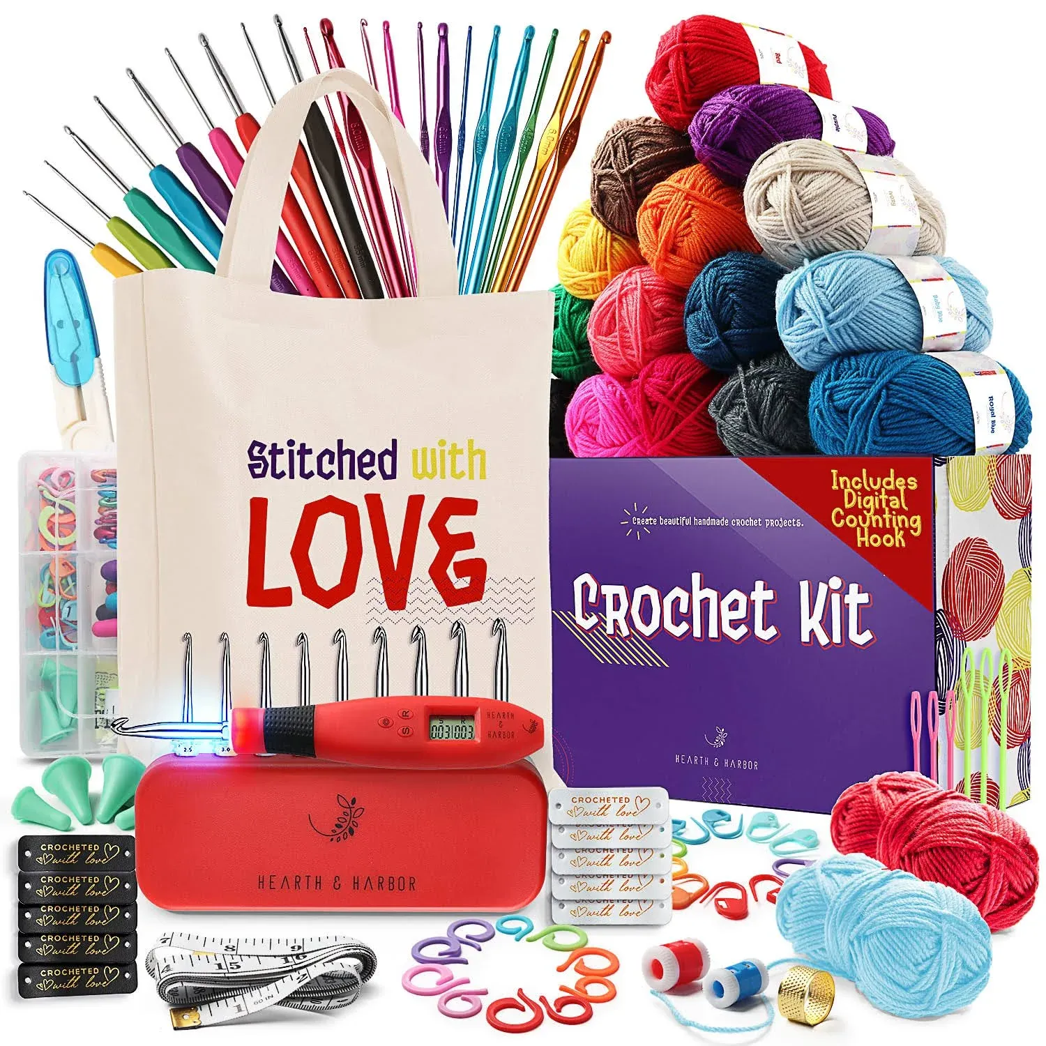 Hearth &amp; Harbor Crochet Kit for Beginners Adults - Beginner Crochet Kit for Kids with Counting Crochet Hook Set Digital, Crochet Starter Kit for