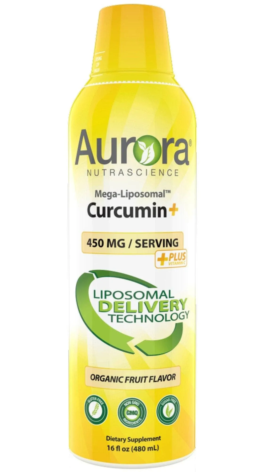 Aurora Nutrascience Mega-Liposomal Curcumin+ Vitamin C with CurcuVail, Supports Healthy Joints, Muscles, GI Tract, and Brain, Organic, Non-GMO, 450mg per Serving, 16 fl oz