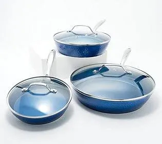 Luxurious Non-Stick Ceramic 3 Piece Blue Hammered Cookware Set with Lid, Lightweight, Scratch-Resistant, Dishwasher Safe, Oven Safe up to 500°F