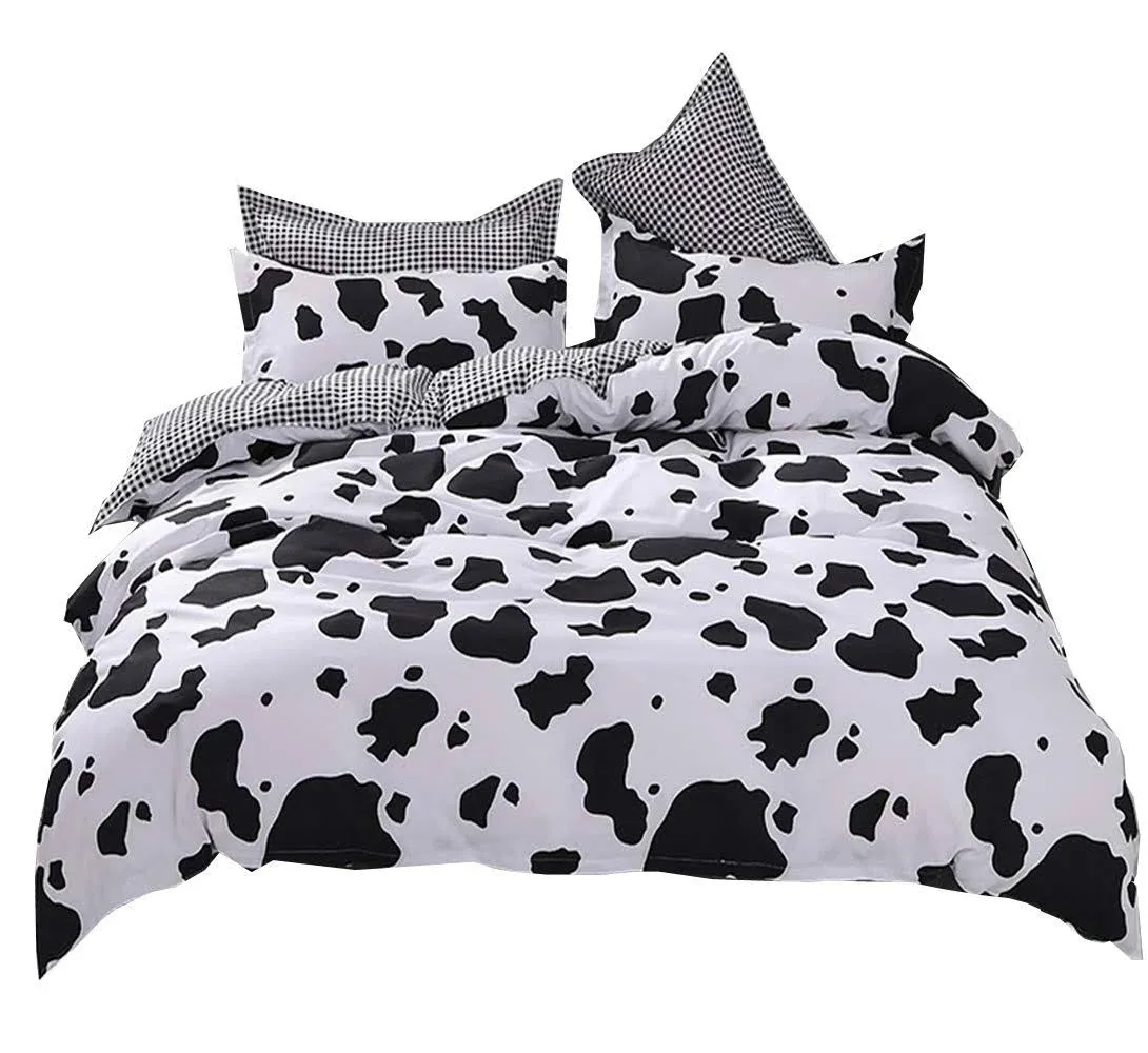  Print Duvet Cover Sets Cartoon Reversible Comforter Cover Black and Queen Cow