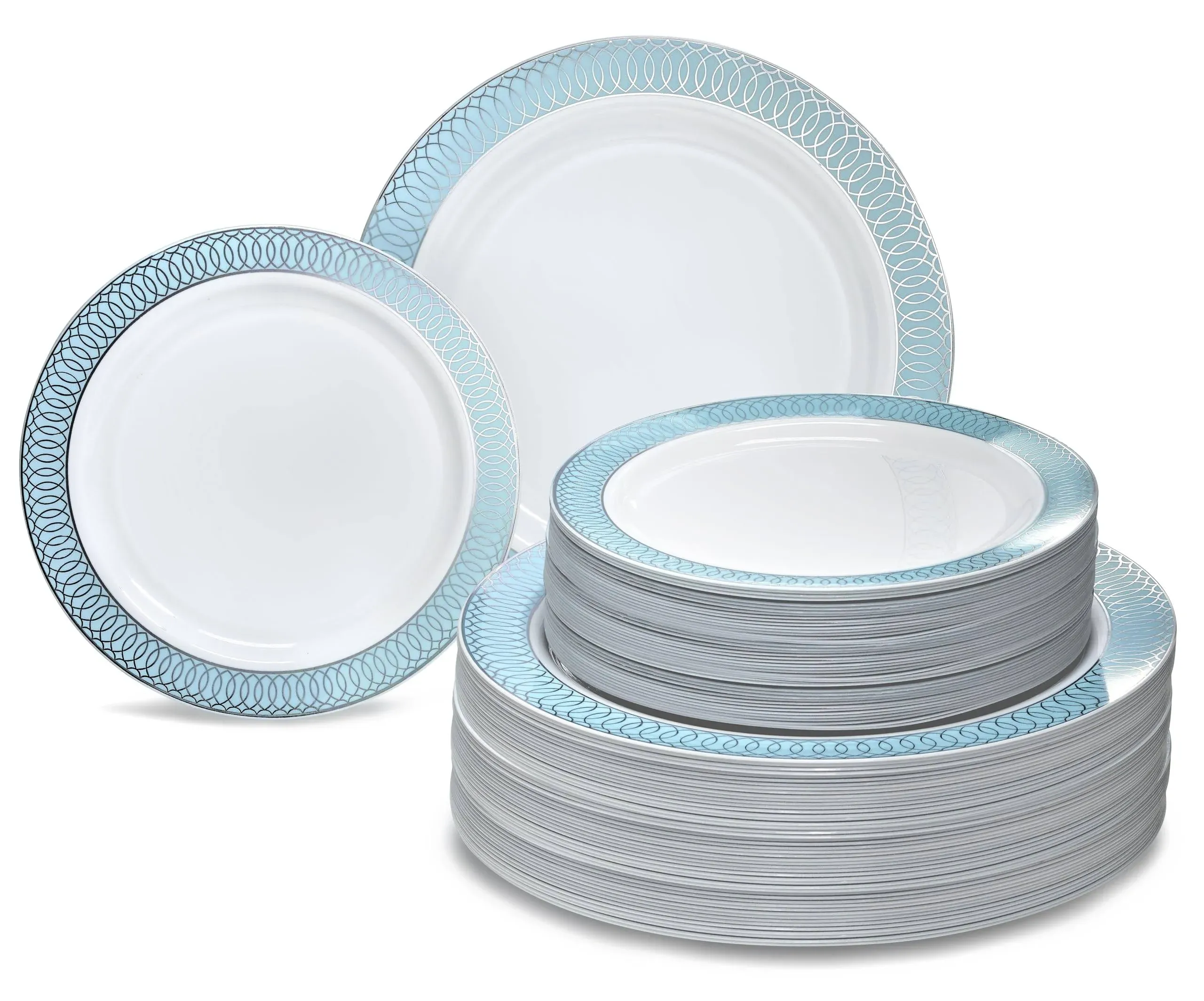 " OCCASIONS " 120 Plates Pack,(60 Guests) Heavyweight Premium Wedding Party Disposable Plastic Plates Set -60 x 10.5'' Dinner + 60 x 7.5'' Salad/Dessert(Louvre Blue/Gold)