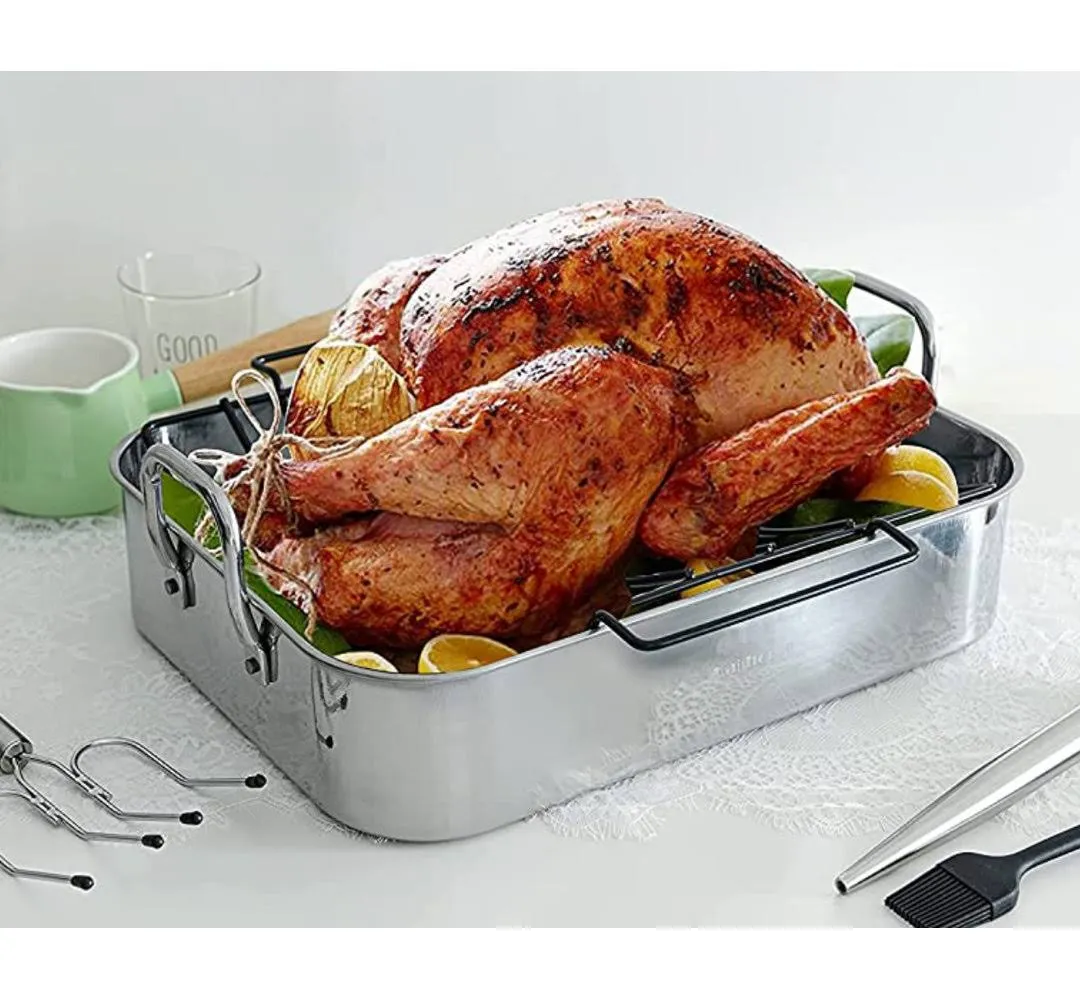 Roasting Pan with Nonstick Rack - 16 inch Stainless Steel Rectangular Turkey Pan with Non-stick U-Shaped Rack, Turkey Roaster Pan for Thanksgiving Party