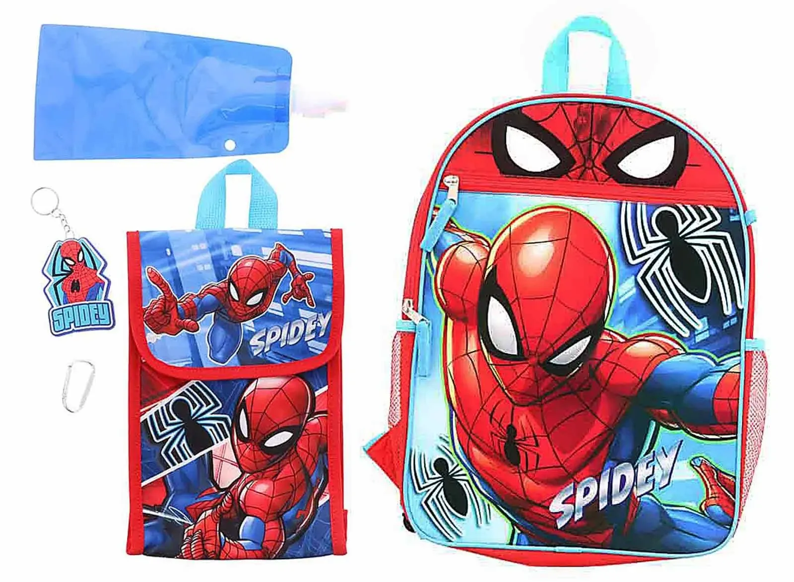 Spiderman Backpack with Lunch Bag 2-Key Chains Water Bottle - 5 Piece Kids School Backpack Set - Boys Girls Shoulder Book Bag Printed Marvel Superhero Spiderman