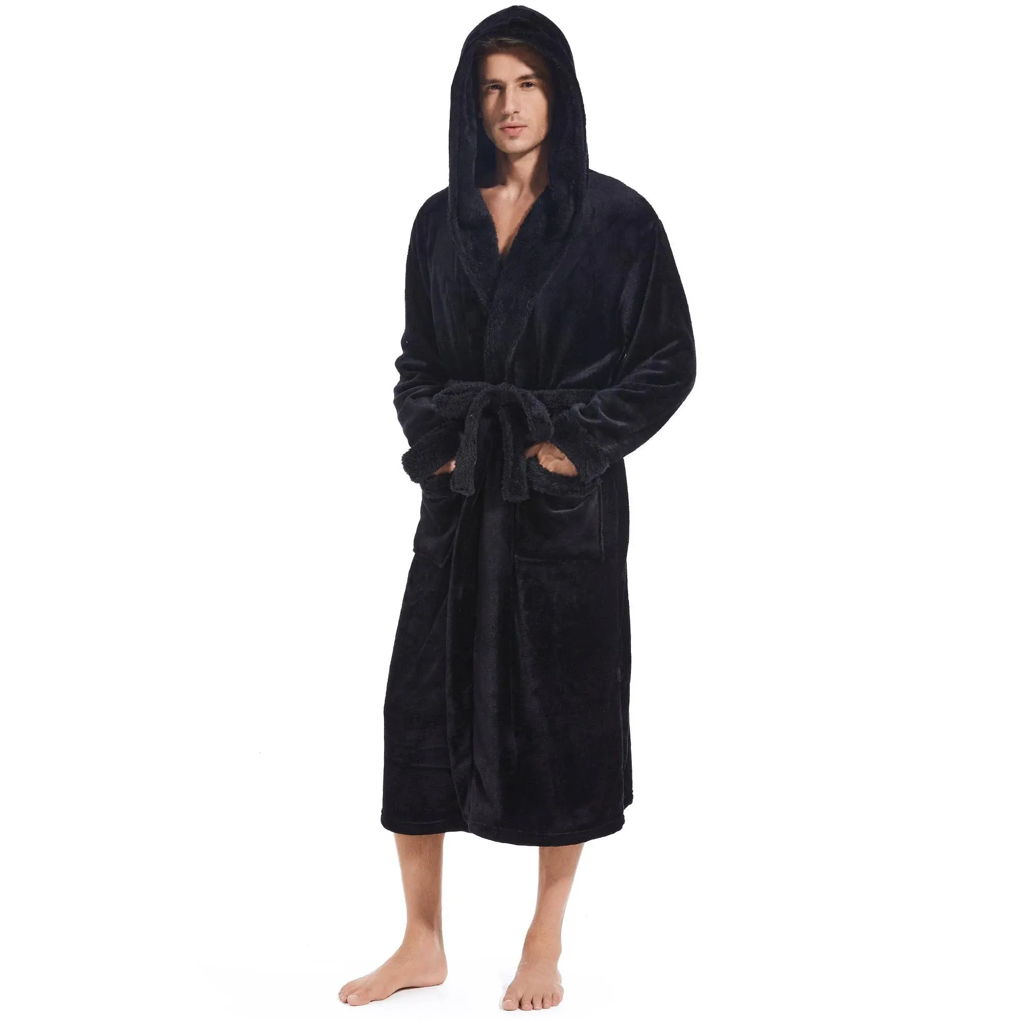 Inner Wish Mens Hooded Robe, Plush Long Bath robes Cozy Warm Bathrobe Fuzzy male Spa Robe With Pockets