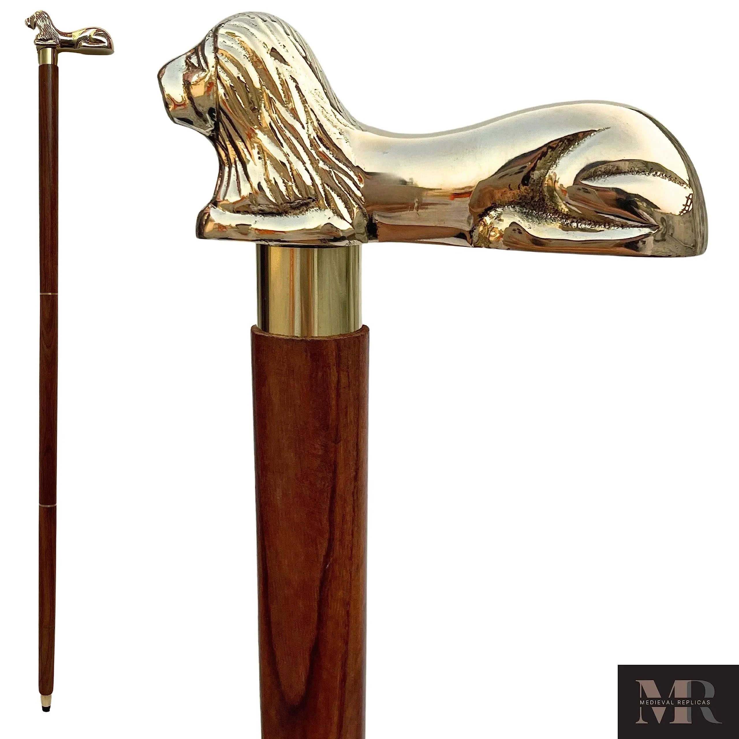 The King Cane - SouvNear 37.2" Brown Wooden Walking Stick - Wood Cane with Golden Lion Brass Handle - Unique Vintage Look Decorative Gentleman Walking