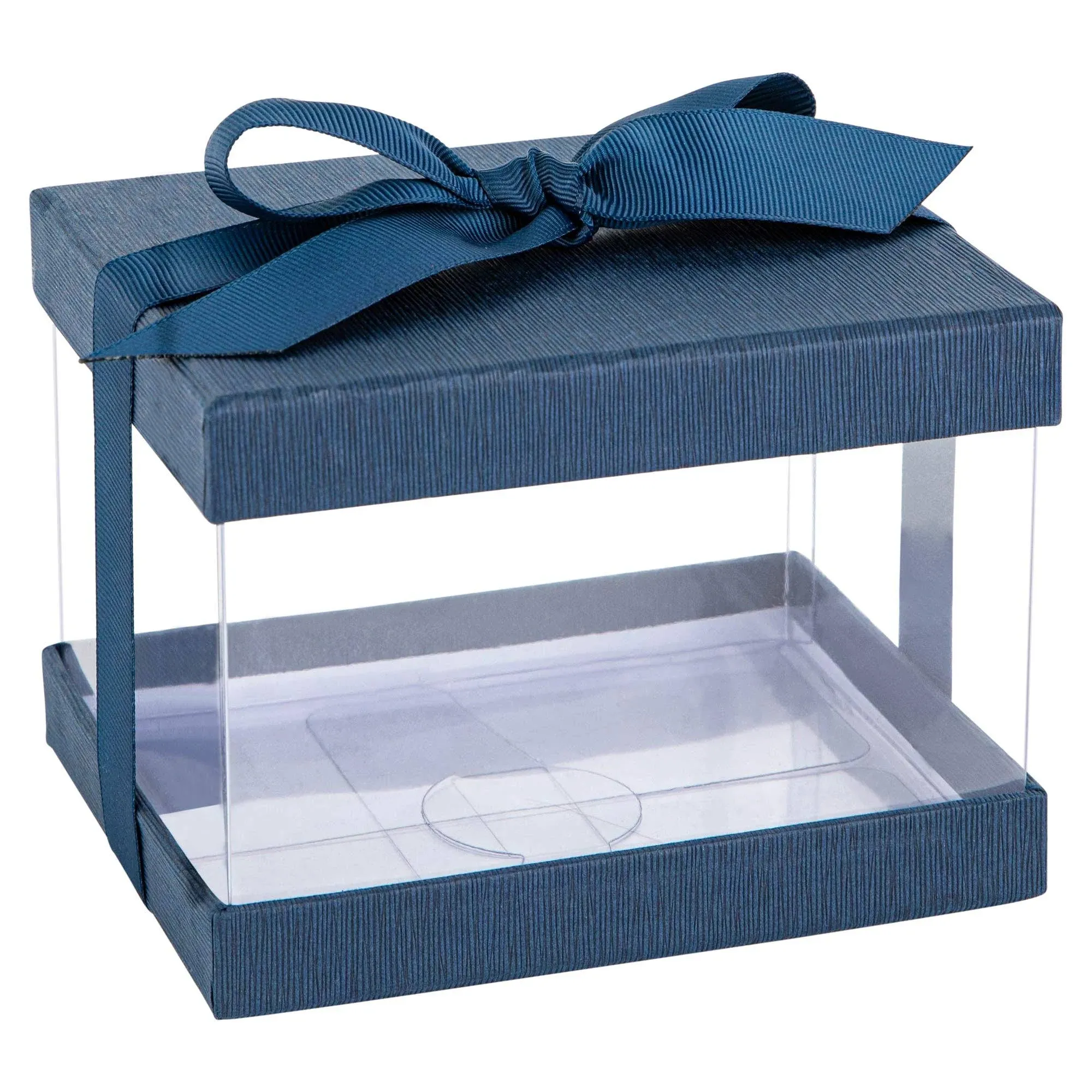 Hammont Clear Plastic Gift Boxes (6 Pack) Bakery Boxes with Base, Lid & Ribbon | For Cakes, Pastries, Cookies, Cupcakes & Party Favors(NavyBlue,5x4x3.5”)