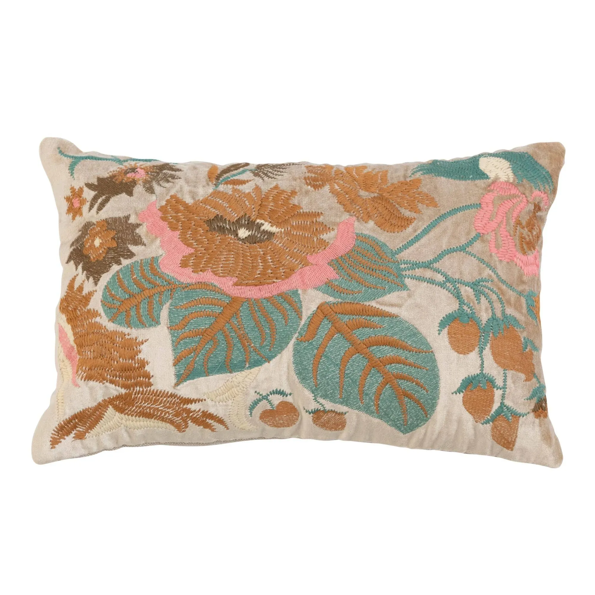 Creative Co-Op Cotton Velvet Lumbar Floral Embroidery and Chambray Back, Multicolor Pillows, 14" L x 9" W x 1" H