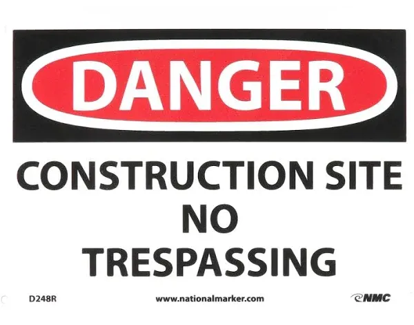 NMC D248R DANGER - CONSTRUCTION SITE NO TRESPASSING Sign - 10 in. x 7 in. Rigid Plastic, Danger Signage, Black/White Text on White/Red Base, 7 x 10