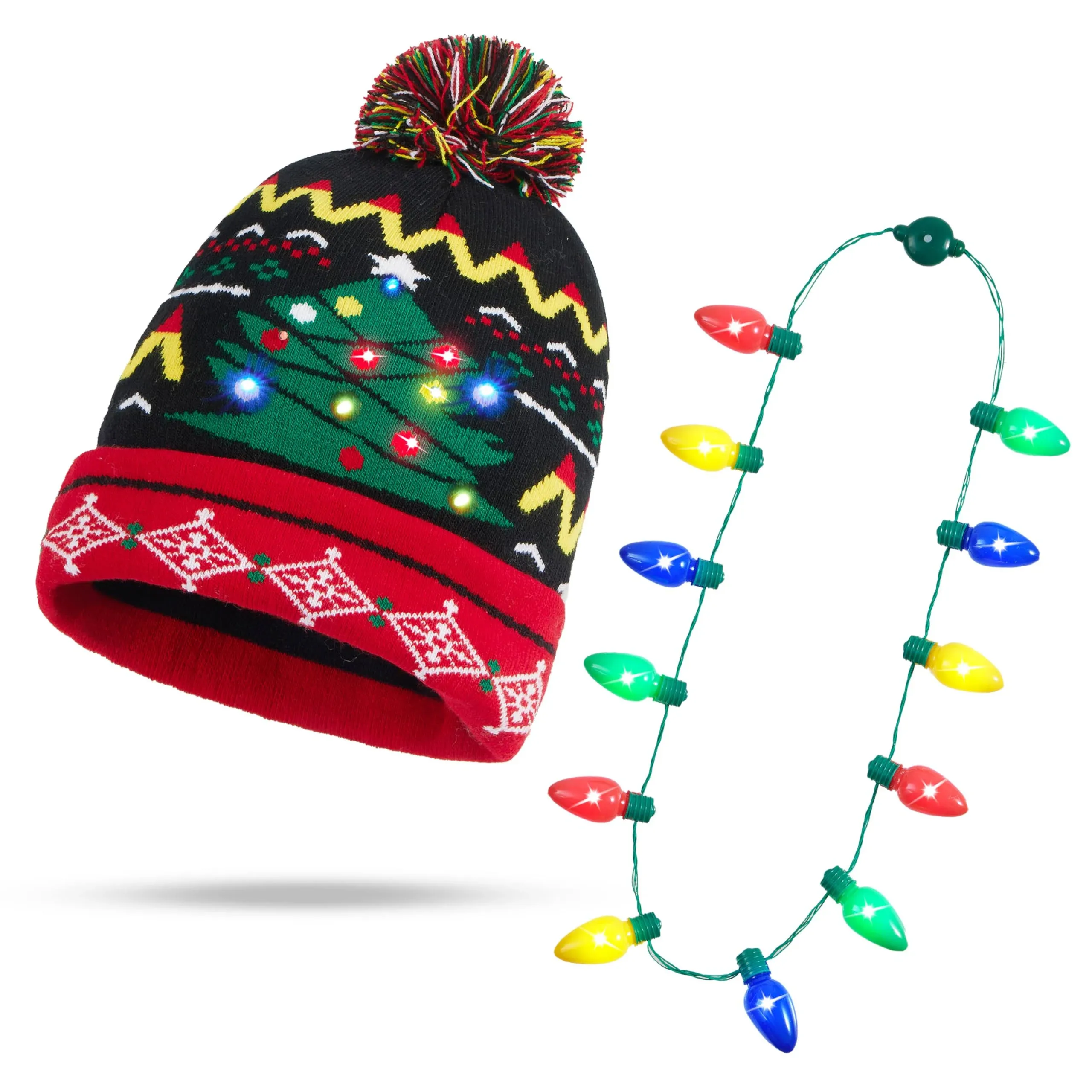 JOYIN Christmas Hat Light-up Knitted Snowman Beanie Hat for Adult and kids with Light-up Bulb Necklace for Xmas Party Gift