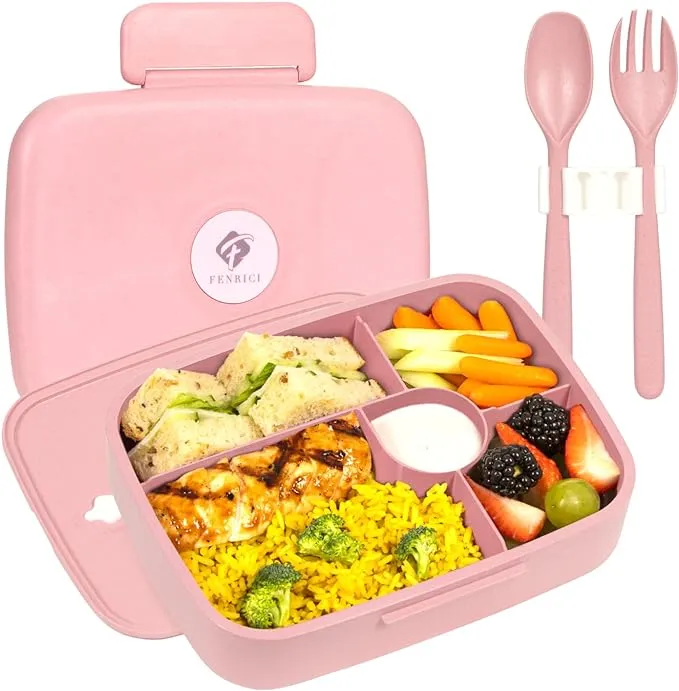 Fenrici Bento Box Lunch Box For Kids and Teens, Made with Wheat Straw, 5 Leakproof Compartments, BPA-Free Bento Box, Microwave and Dishwasher Safe, Pastel Blue, Blue