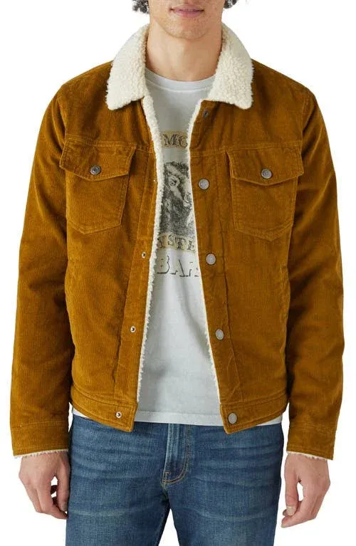 Lucky Brand Men's Corduroy Sherpa Trucker Jacket, Tan, Small, Cotton