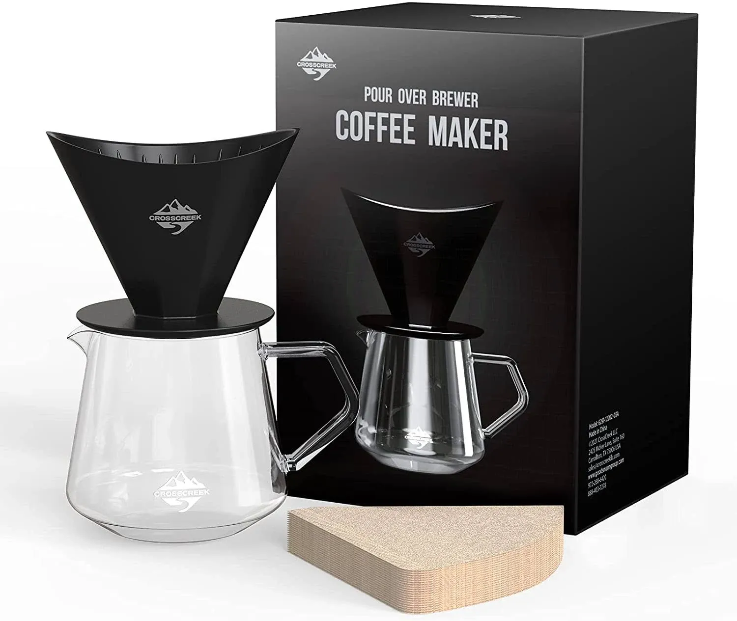 Pour Over Coffee Maker Set, Black Ceramic Coffee Dripper By CrossCreek with V60 Paper filter, 650ml Coffee Glass Server for Cafe Home Restaurant 6291-12202-03A