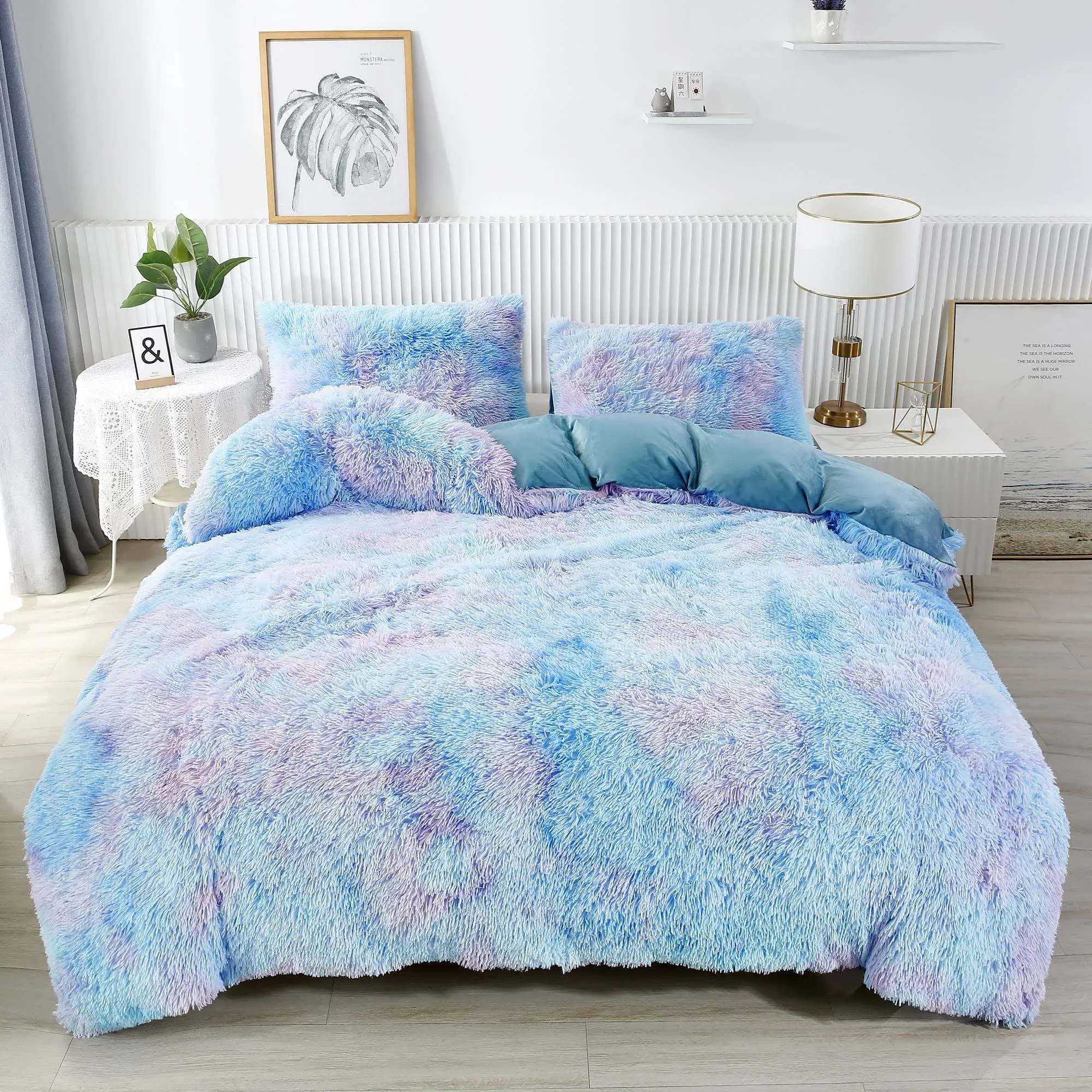 RYNGHIPY Super Soft Fuzzy Faux Fur Duvet Cover Set, Twin Bedding Sets for Girls, Blue Tie Dye Plush & Velvet Flannel Comforter Cover with 2 Pillowcases (Colorful Blue,Twin)