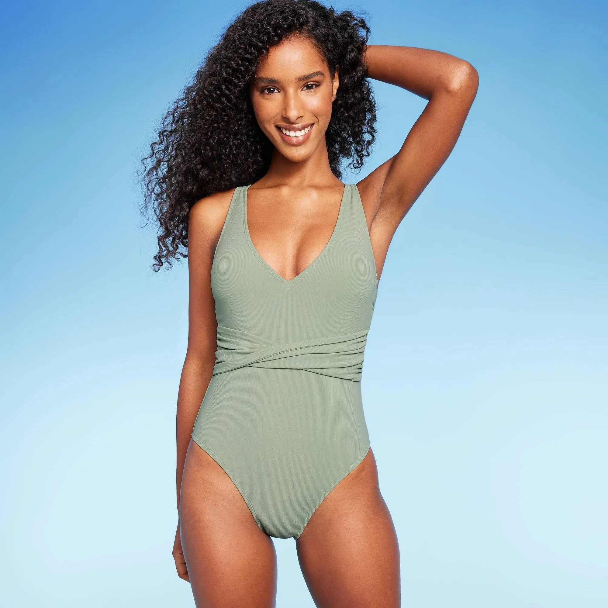 Women's Ribbed Plunge Twist-Front One Piece Swimsuit - Shade & Shore Green M