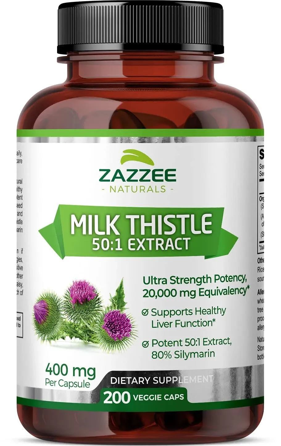 Zazzee Organic Milk Thistle Extract 20,000 mg Strength, 200 Vegan Capsules, Potent 50:1 Extract, 80% Silymarin Flavonoids, Contains Organic Milk Thistle, Over 6 Month Supply, Non-GMO and All-Natural - vitamenstore.com