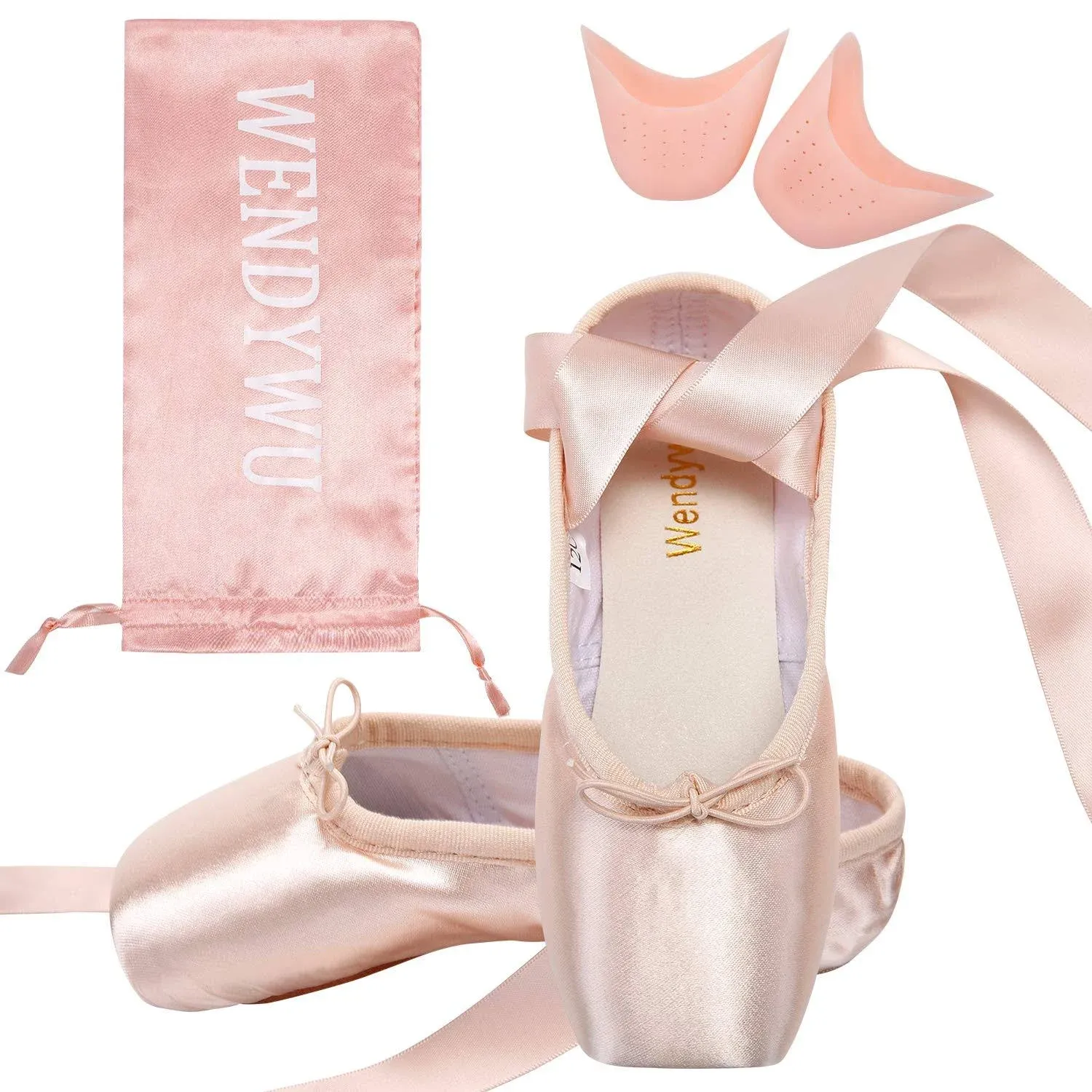 WENDYWU Professional Ballet Pointe Shoe for Kids Girl and Ladies Pink PU Soled Ballet Pointe Dance Shoes with Toe Pads