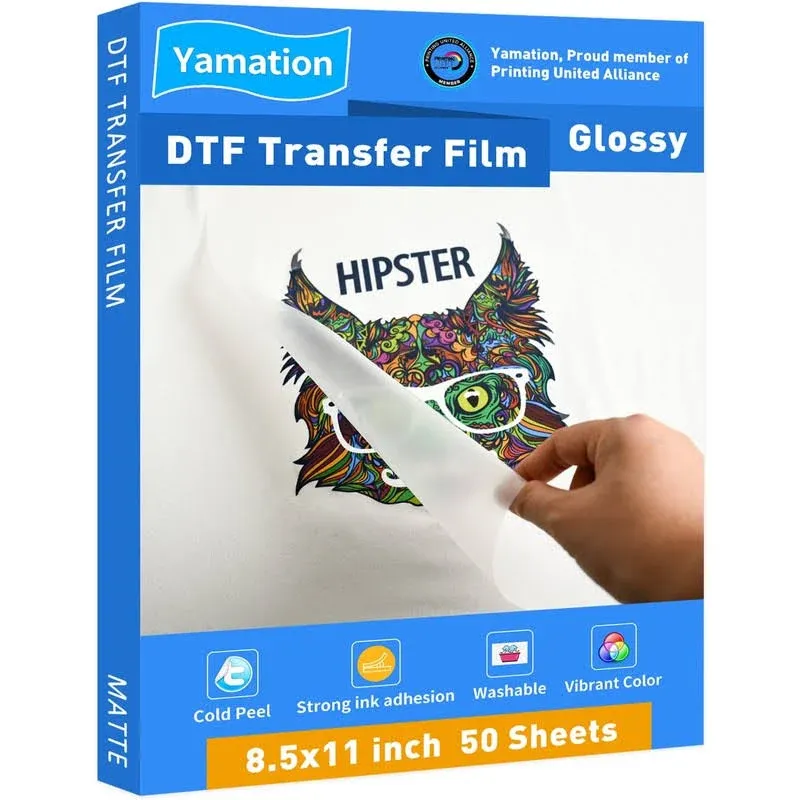 Yamation DTF Transfer Film Glossy: 8.5" x 11"inch 50 Sheets Pet Paper Glossy Clear Cold Peel Direct to Film Transfer Film for Tshirt