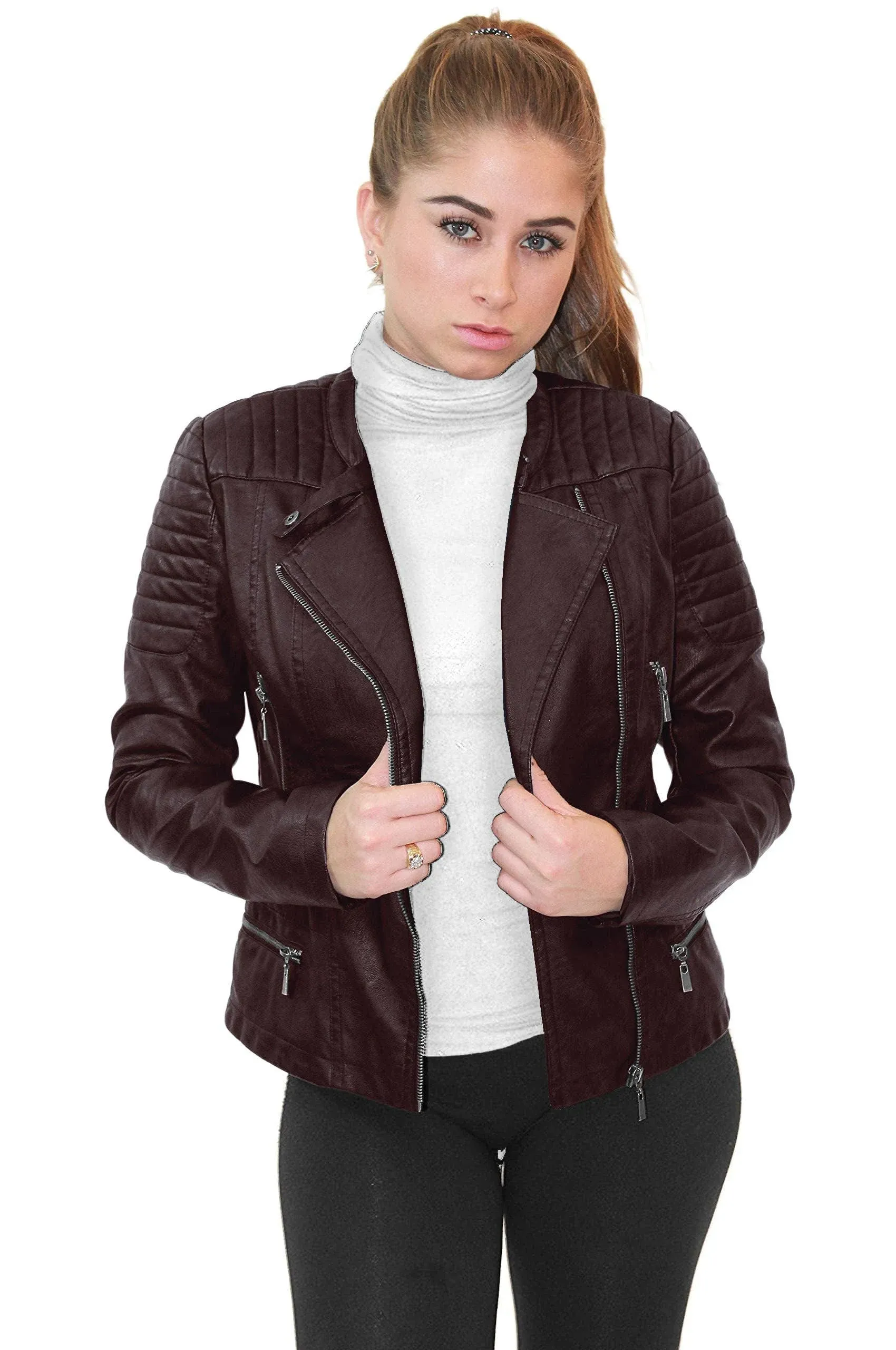 Olivia Miller Womens Faux Leather Zip Up Moto Biker Jacket, Jk5207sx-burgundy-3x ...