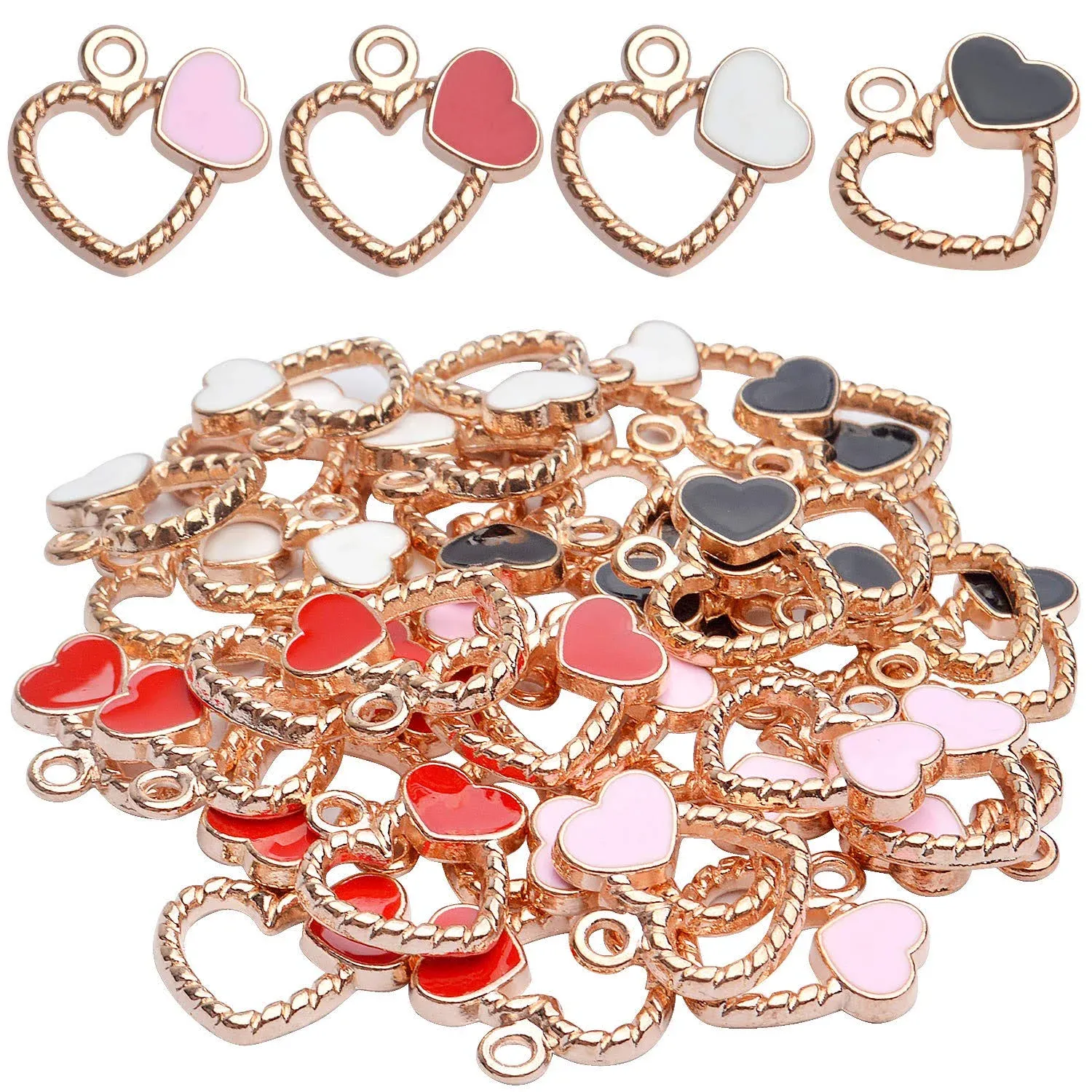 Aylifu Heart Charms Pack,40pcs 18x18mm Gold Plated Enamel Heart Charms Hollow Heart Pendants Jewelry Accessories for Necklace Bracelet Crafts DIY,Black White Red Pink