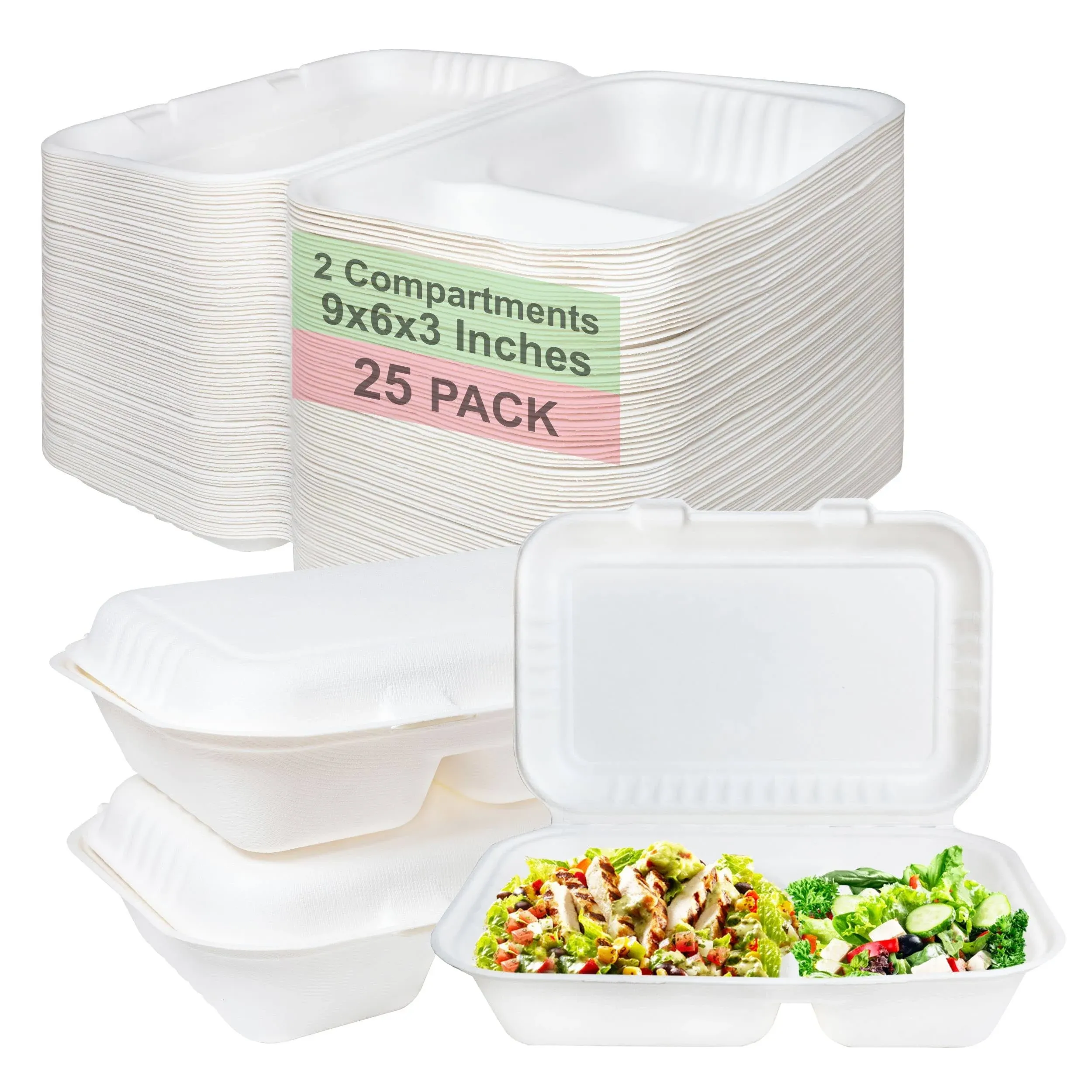 Compostable 2-Compartment Clamshell 9x6 Food Take Out Box Disposable ToGo 25pcs