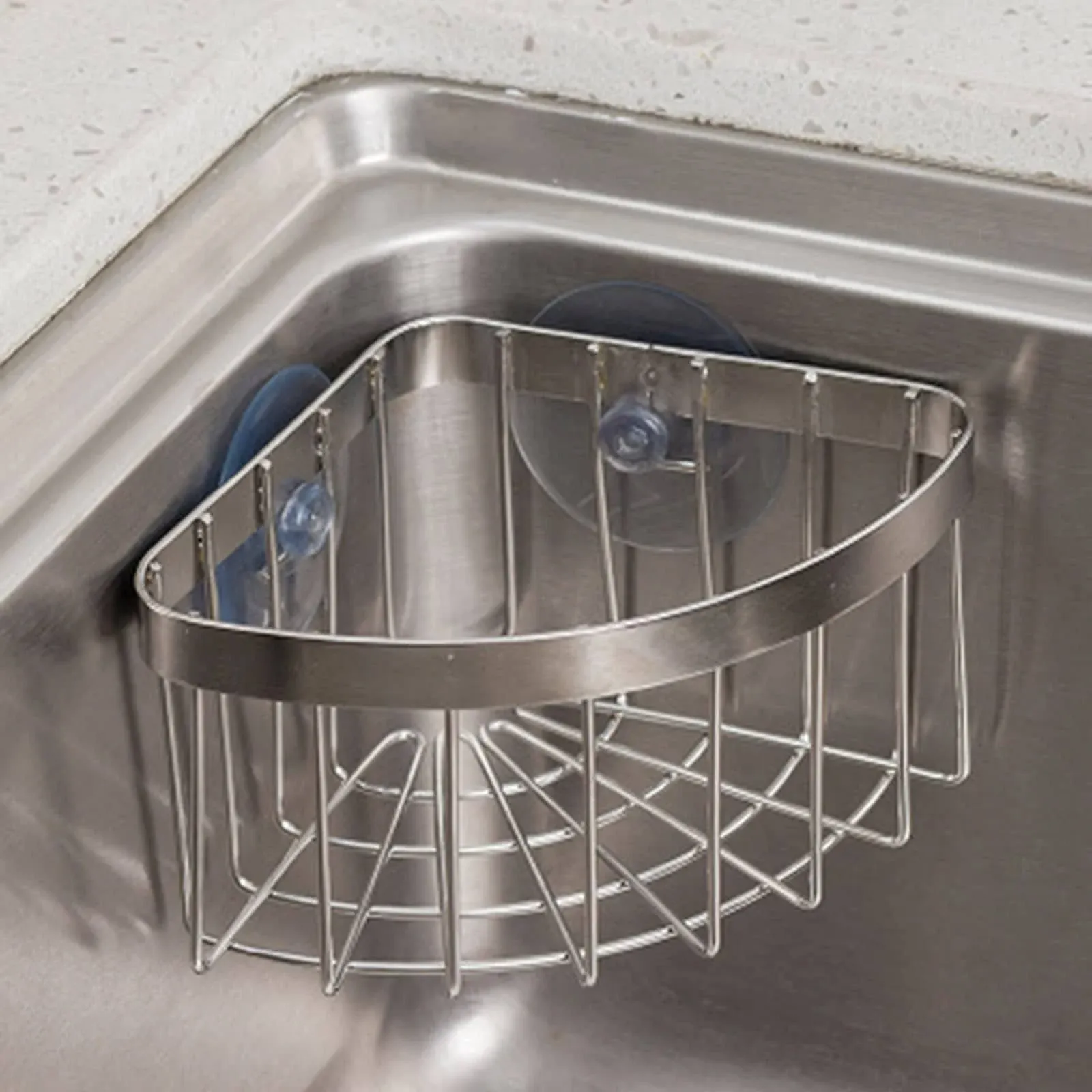 POKOTO Dish Cloth Hanger+Sponge Holder +Corner Sink Caddy Save Space Triangle 2-in-1 Sink Caddy, No Drilling with 2pcs Suckers, Silver