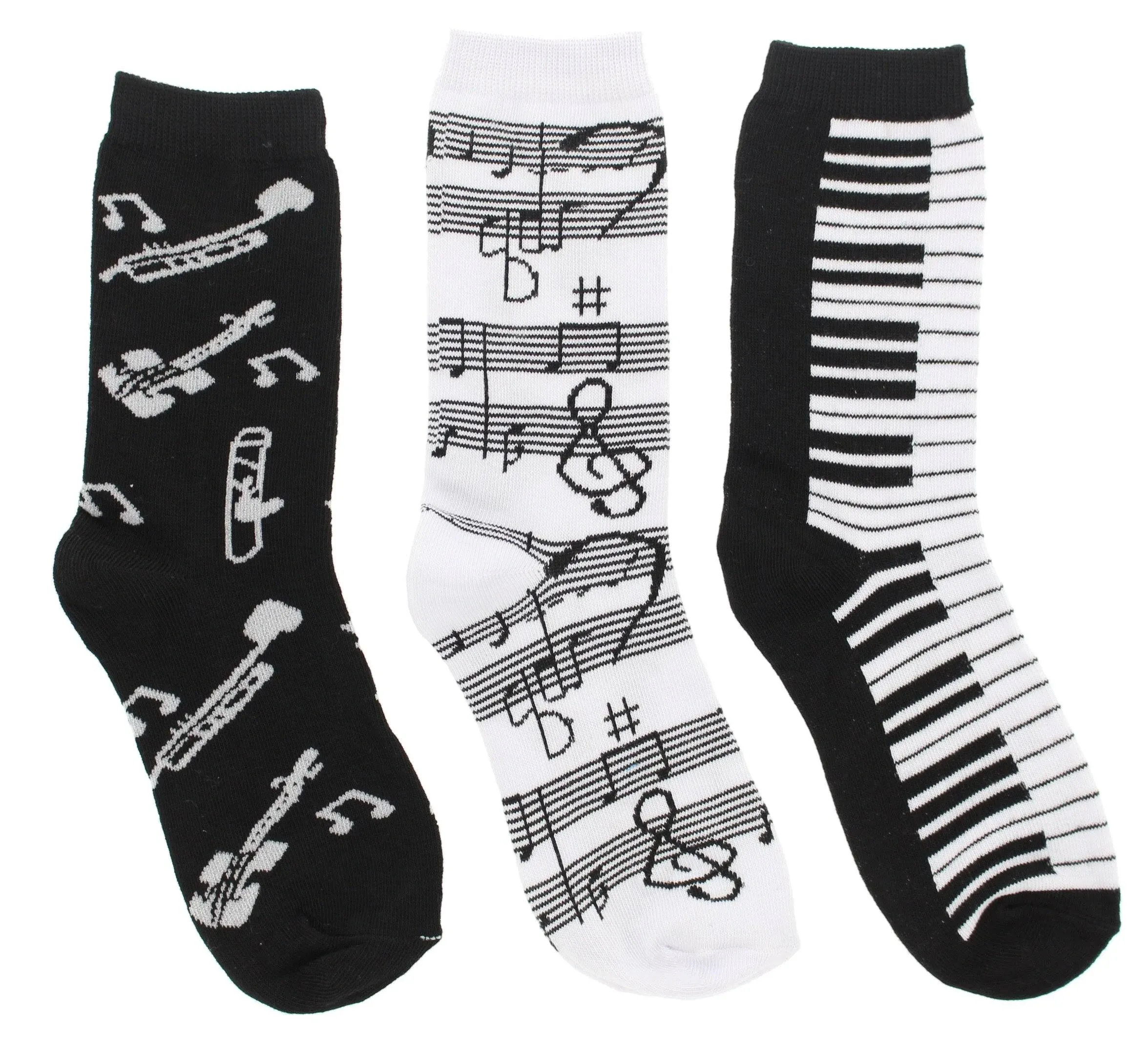 Girl's Black White Music Notes, Piano Keys, Instruments Crew Socks, (3Pr)