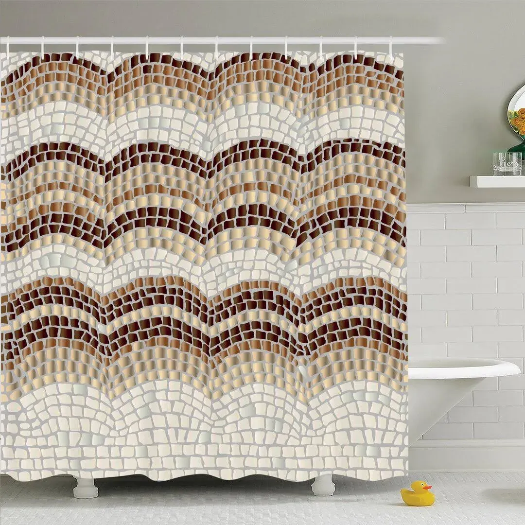 Ambesonne Beige Shower Curtain, Gradient Colored Mosaic Waves Setting Antique Roman Royal Dated Retro Patterns, Cloth Fabric Bathroom Decor Set with Hooks, 69" W x 84" L, Beige Brown