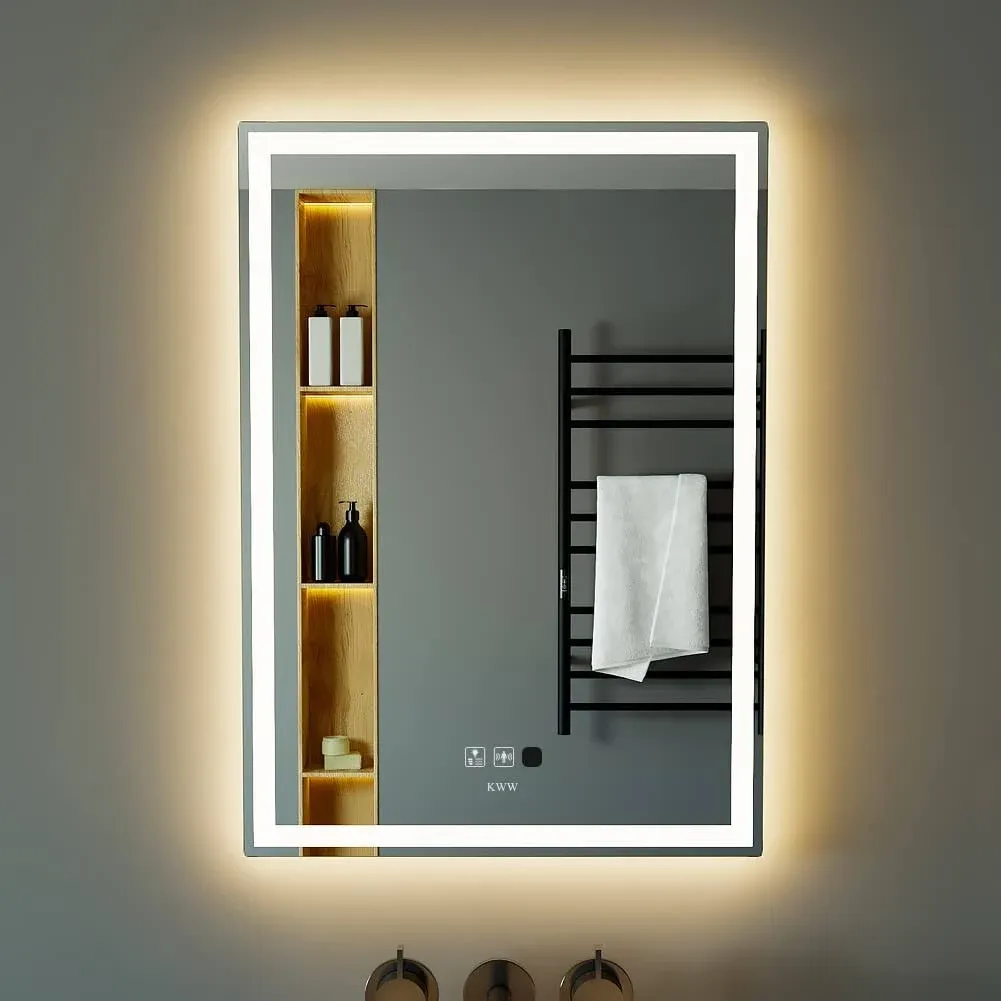 KWW 20 x 28 inch LED Bathroom Vanity Mirror with Motion Sensor, Color Temperature Adjustable, Anti-Fog Dimmable Lights, Easy to Install, Horizontal/Ve