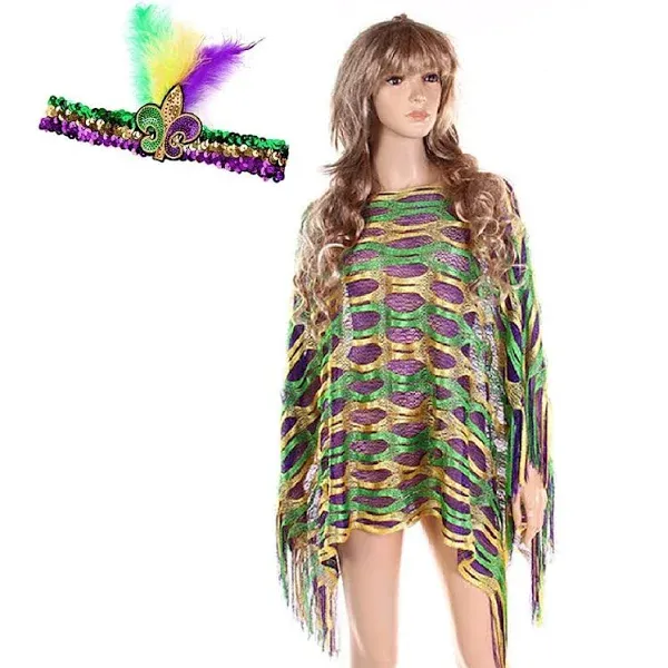 Mardi Gras Poncho with Mardi Gras Sequined Feather Headbands, Purple Green Yello