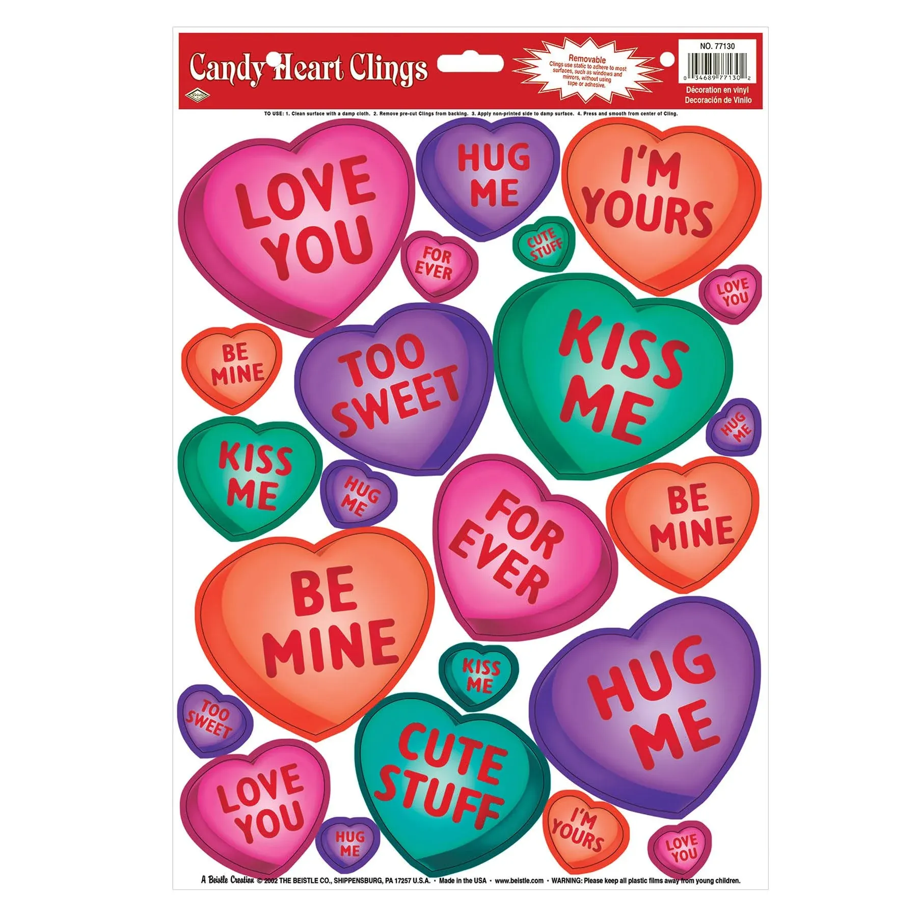 Valentine Candy Heart Glass Clings 12in. x 17in. - 1 sheet