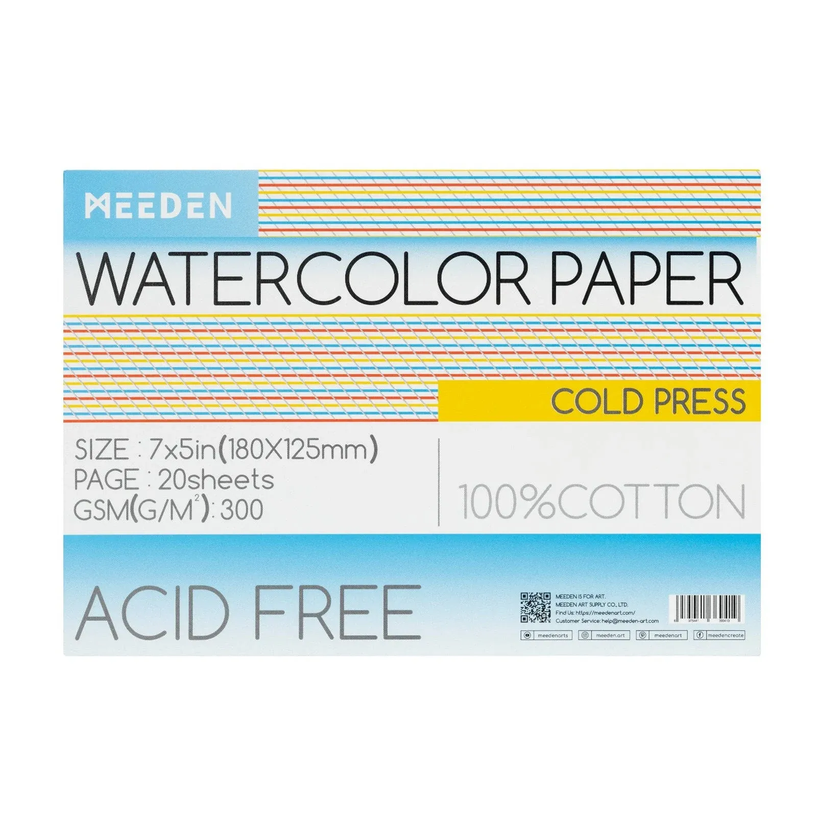 MEEDEN Watercolor Paper Block, 100% Cotton Watercolor Paper Pad of 20 Sheets, 140lb/300gsm, Acid-Free Art Paper for Watercolor, Gouache, Ink and More, 5" x 7" Cold Press