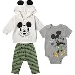 Disney Classics Mickey Mouse Winnie The Pooh Baby Hoodie Bodysuit and Pants 3 Piece Outfit Set Newborn to Infant