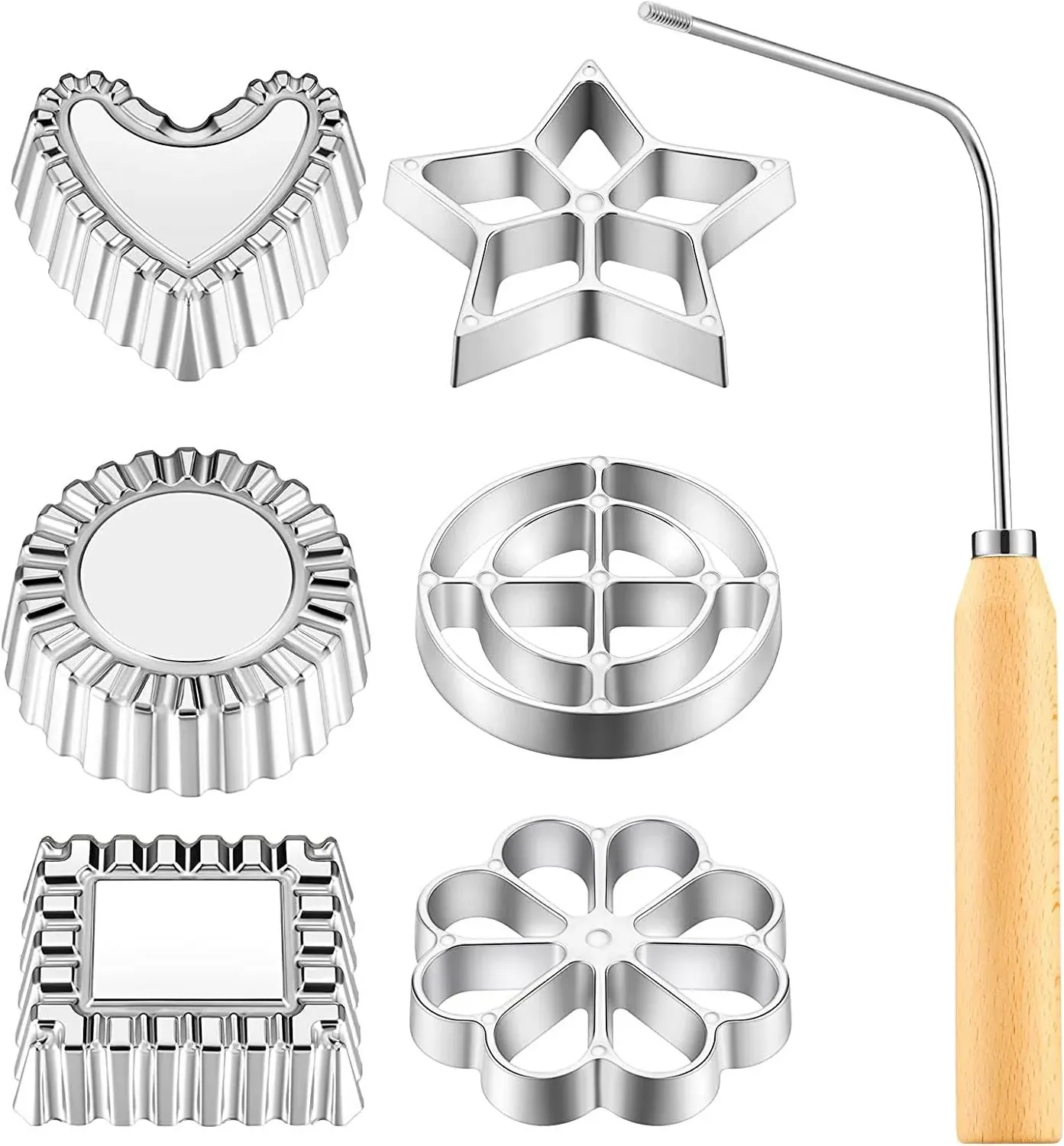 7 Pcs Achappam Mold Bunuelos with Handle Rosette Iron Set Silver 