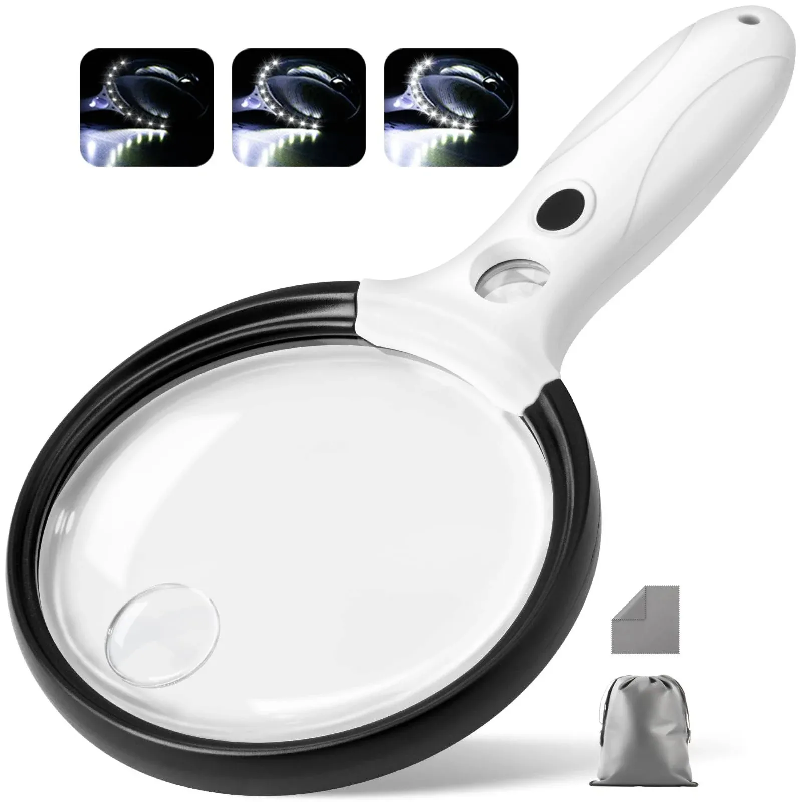 Large Magnifying Glass with Light 10X, 25X, 45X Handheld Illuminated Magnifier