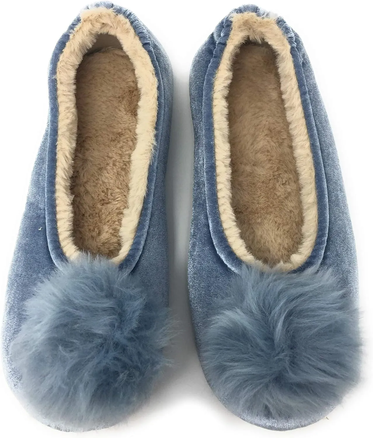 Pom Pom Blue Fuzzy Slippers for Women, Size Medium