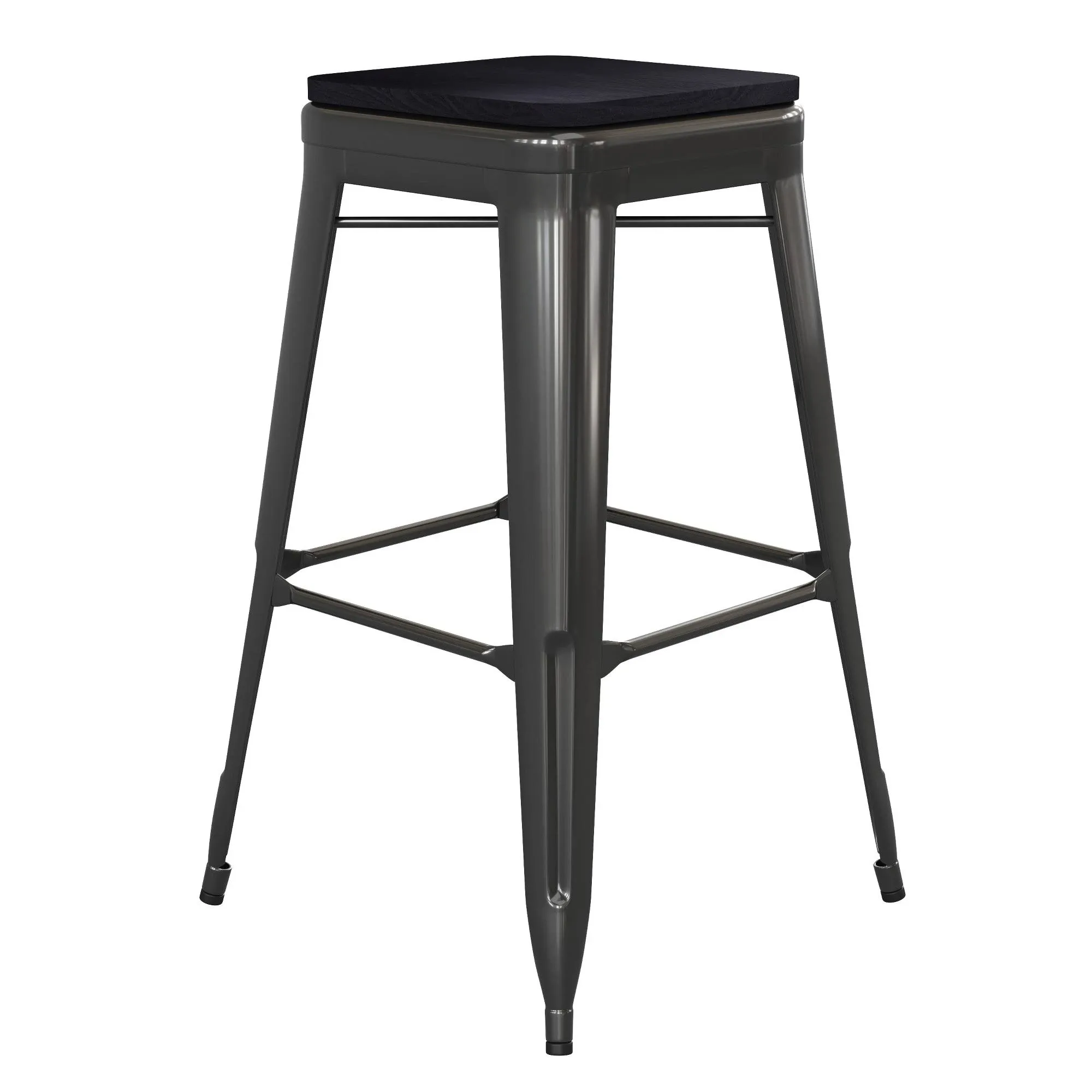 Kai Commercial Grade 24" High Backless Silver Metal Indoor-Outdoor Counter Height Stool with Gray Poly Resin Wood Seat