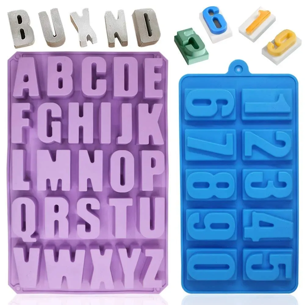 26 Cavities Alphabet Silicone Mold,DanziX Capital Letter Cake Baking Pan Muffin Cups Handmade Soap Moulds Chocolate Biscuit Ice Cube Tray DIY Molds with 1 Pack Numbers Baking Mold-Purple and Blue