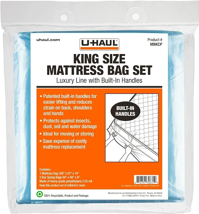 U-Haul Deluxe King Mattress and Box Spring Bag Set – Moving and Storage Protection Cover – 2.25 Mil – Includes 1 Mattress Bag, 2 Box Spring Bags