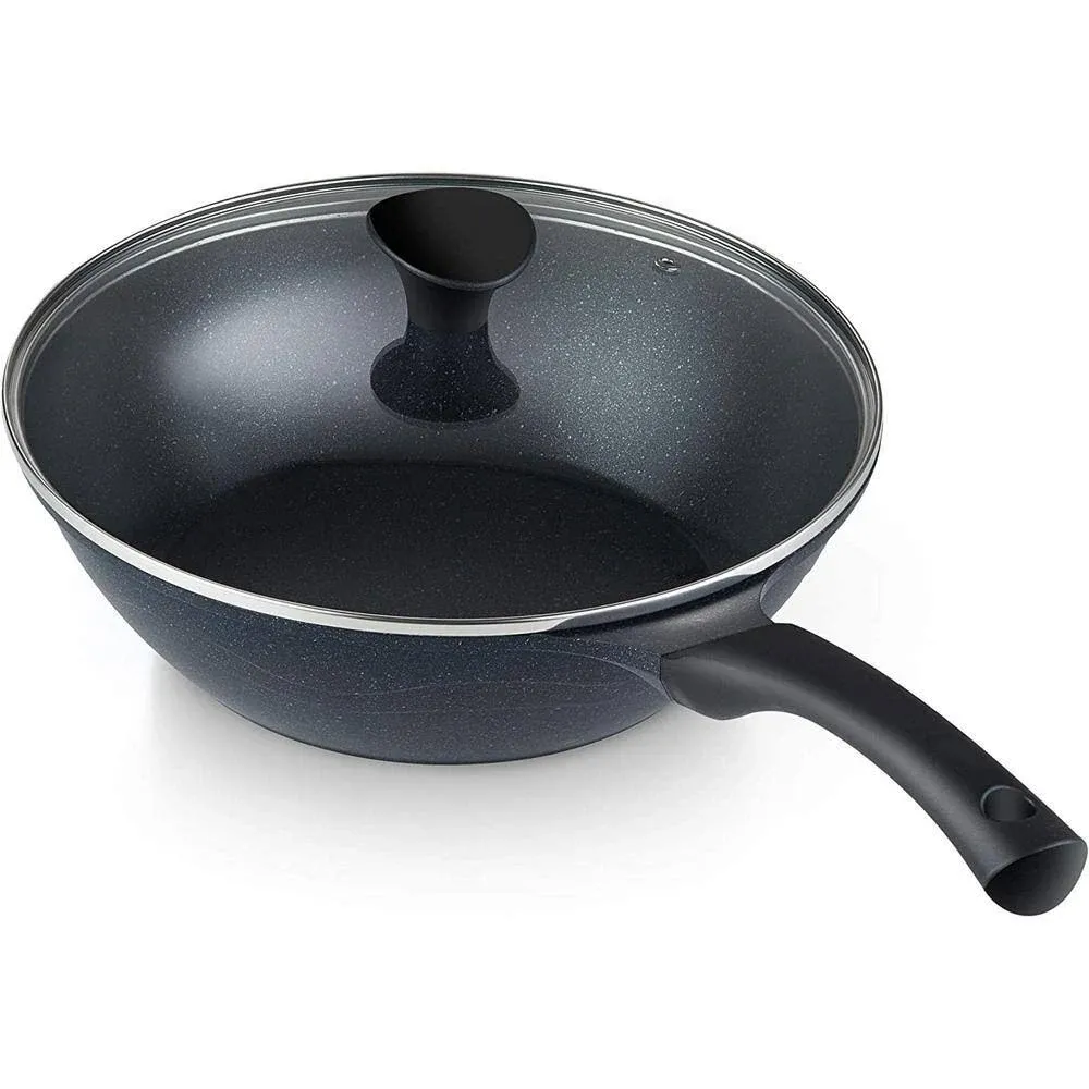 Marble Nonstick Cookware Saute, 11" Wok Stir Fry Pan With Lid, Black