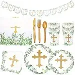 Sparkle and Bash 170-Piece Religious Party Decorations, Dinnerware Set with Baptism Plates, Napkins, Tablecloth, Cups, Cutlery, and Banner, Baptism Party Decorations for Boys & Girls - Serves 24